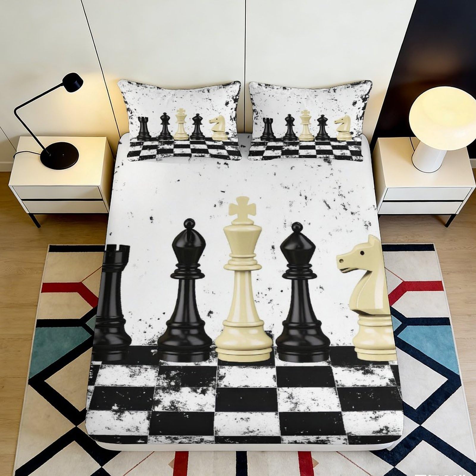 3D Printed Chess Pattern Fitted Sheet Microfiber Soft Breathable Checkered Bed Cover for Bedroom Dormitory Guest Room Mattress Protection 120x200x25cm