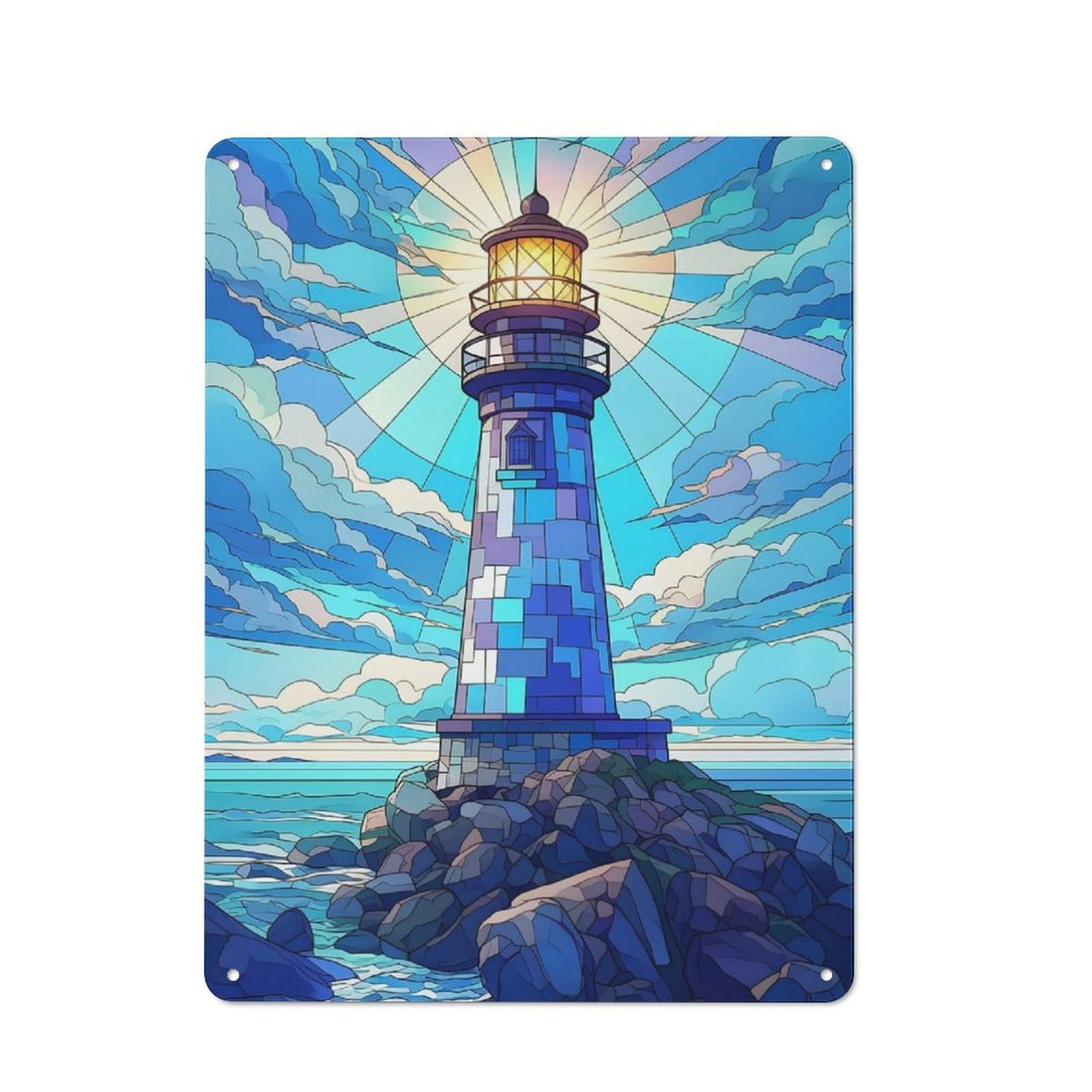 Junmoney Style Retro Lighthouse Stained Glass Vintage Tin Sign 40X30cm, Cafe Wall Decor For Kitchen, Cafe, Pantry Or Dining Room