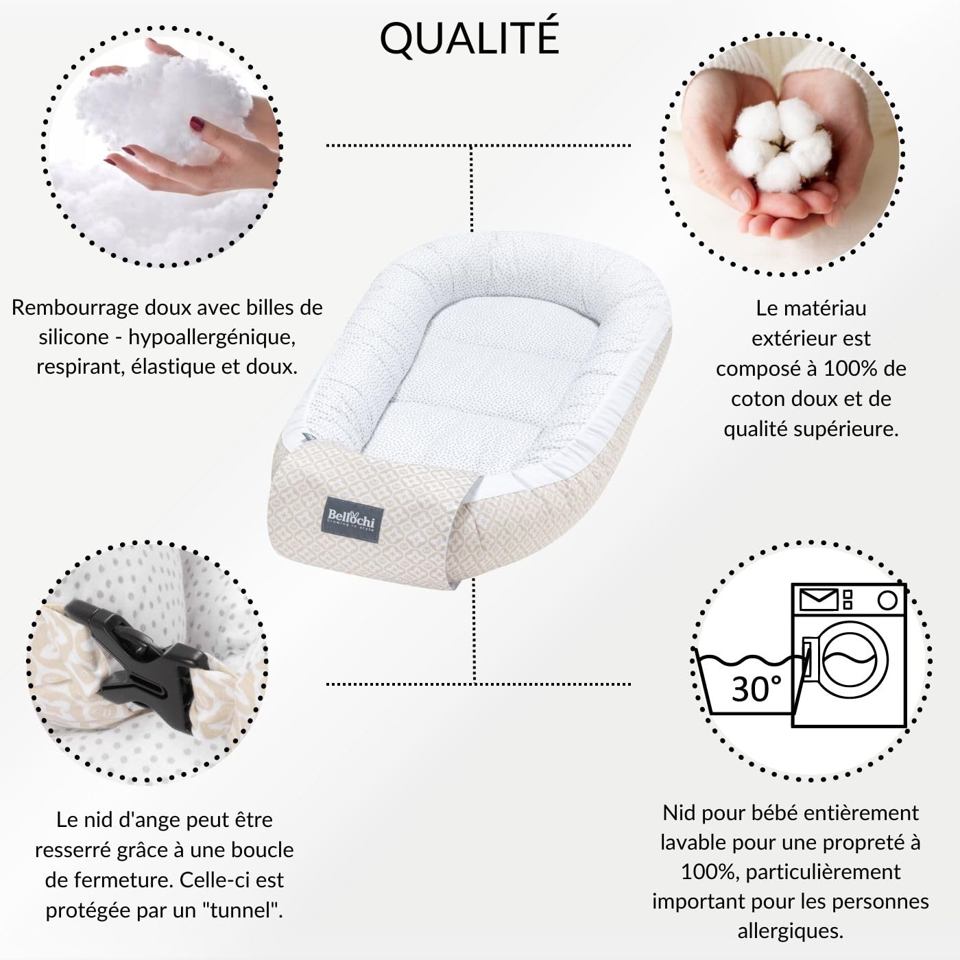 Bellochi Reducteur de Lit Bebe, Cale Bebe pour Lit, Cocon Bebe - 100% Coton, 0-12 Mois - Nid de Bebe, Baby Nest - 90 x 60 cm - Beige Dots