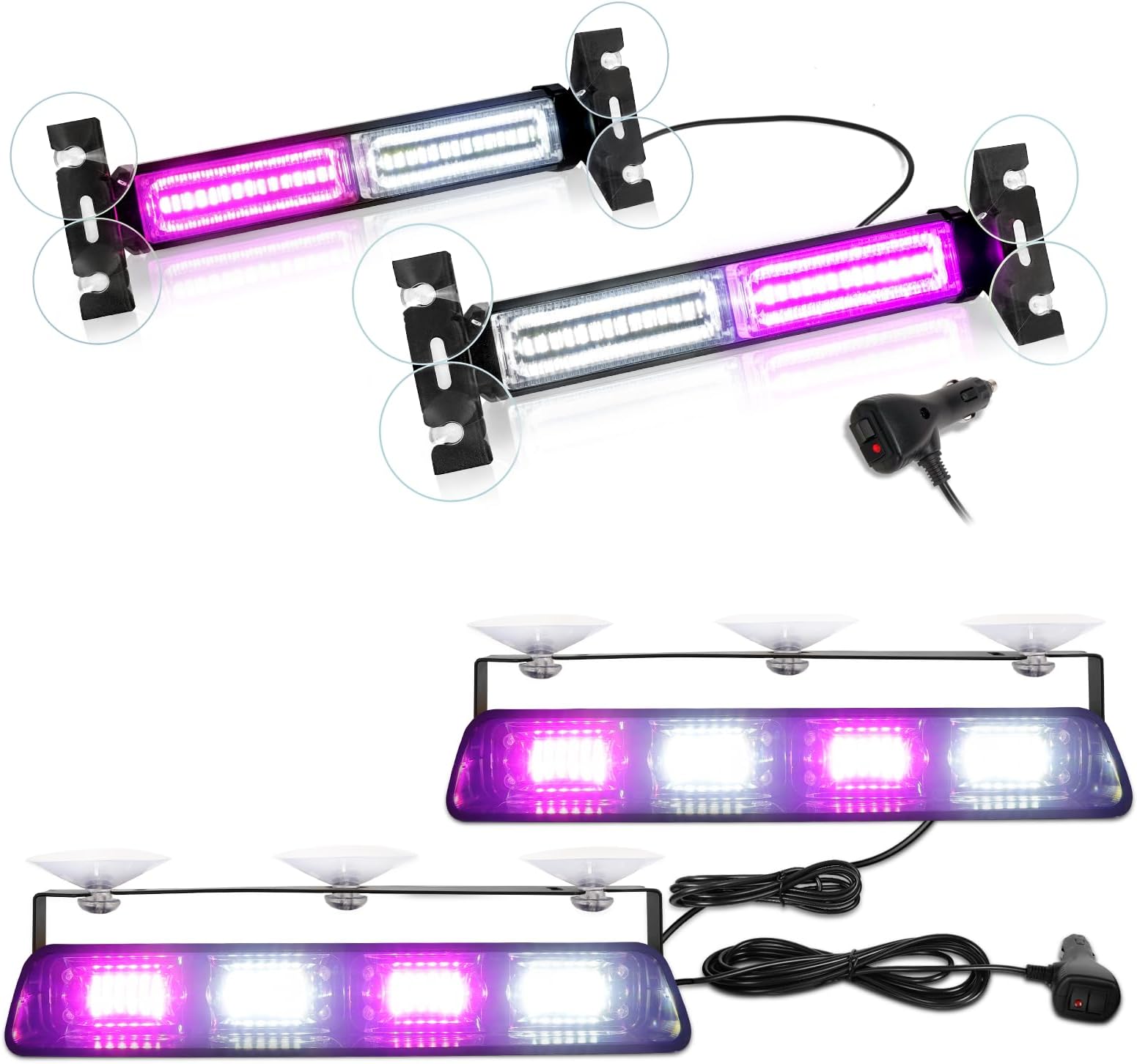 HLautoBundle-2 Items: 1002L Emergency Strobe Traffic Advisor Light Bar, 40LED 2x10.7 Safety Warning Flashing Light (Purple White) + 2002L Dash Strobe Light, 48 LED 2x8.5 Hazard Light (Purple White)