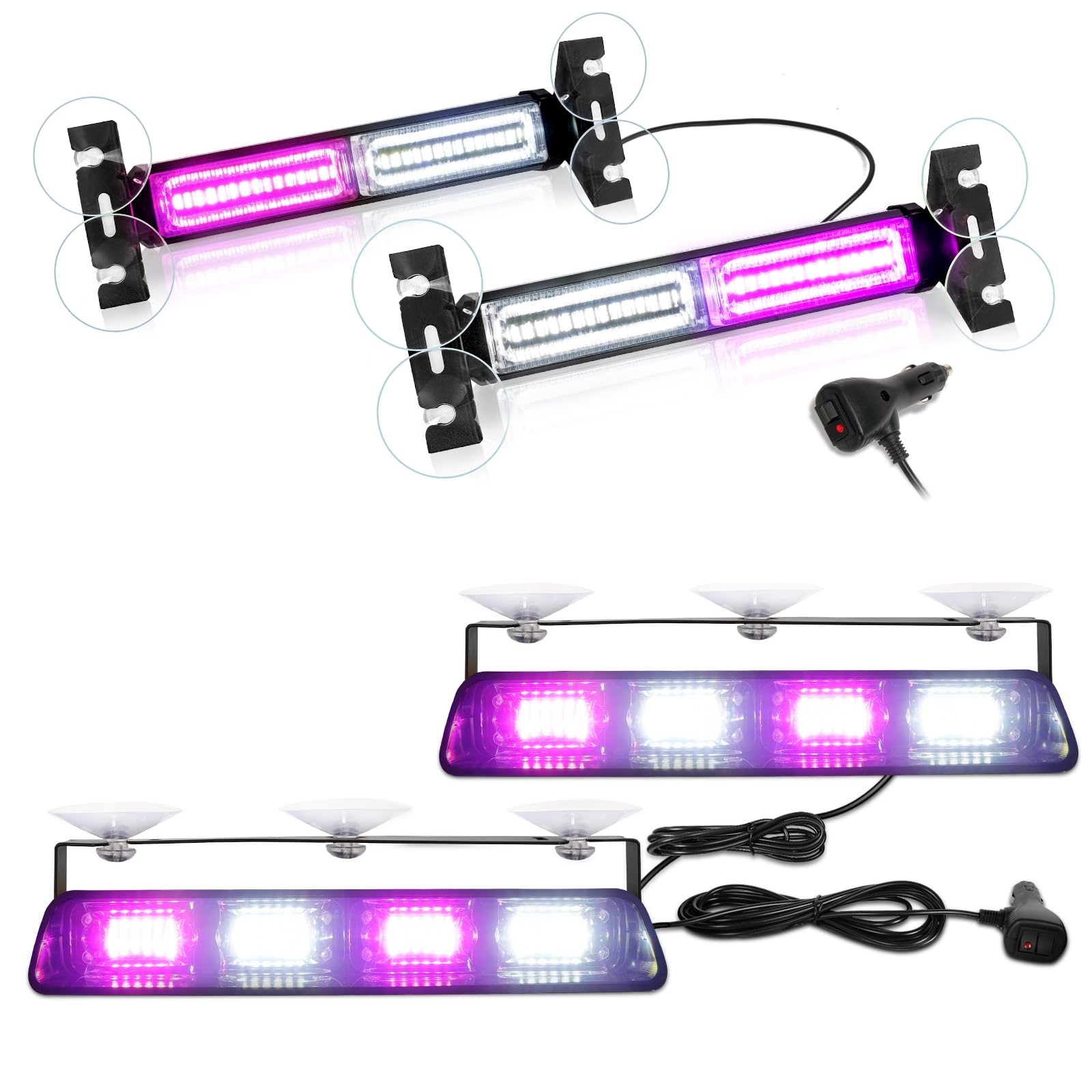 HLautoBundle-2 Items: 1002L Emergency Strobe Traffic Advisor Light Bar, 40LED 2x10.7 Safety Warning Flashing Light (Purple White) + 2002L Dash Strobe Light, 48 LED 2x8.5 Hazard Light (Purple White)