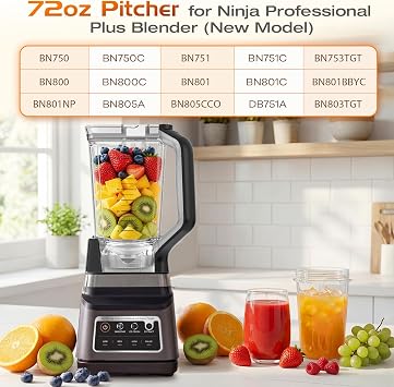 BN751 Replacement Pitcher Compatible with Ninja Professional Plus Blender (New Model), 72oz XL Total Crushing Pitcher for Ninja BN750 BN800 BN801 BN805 DB751A