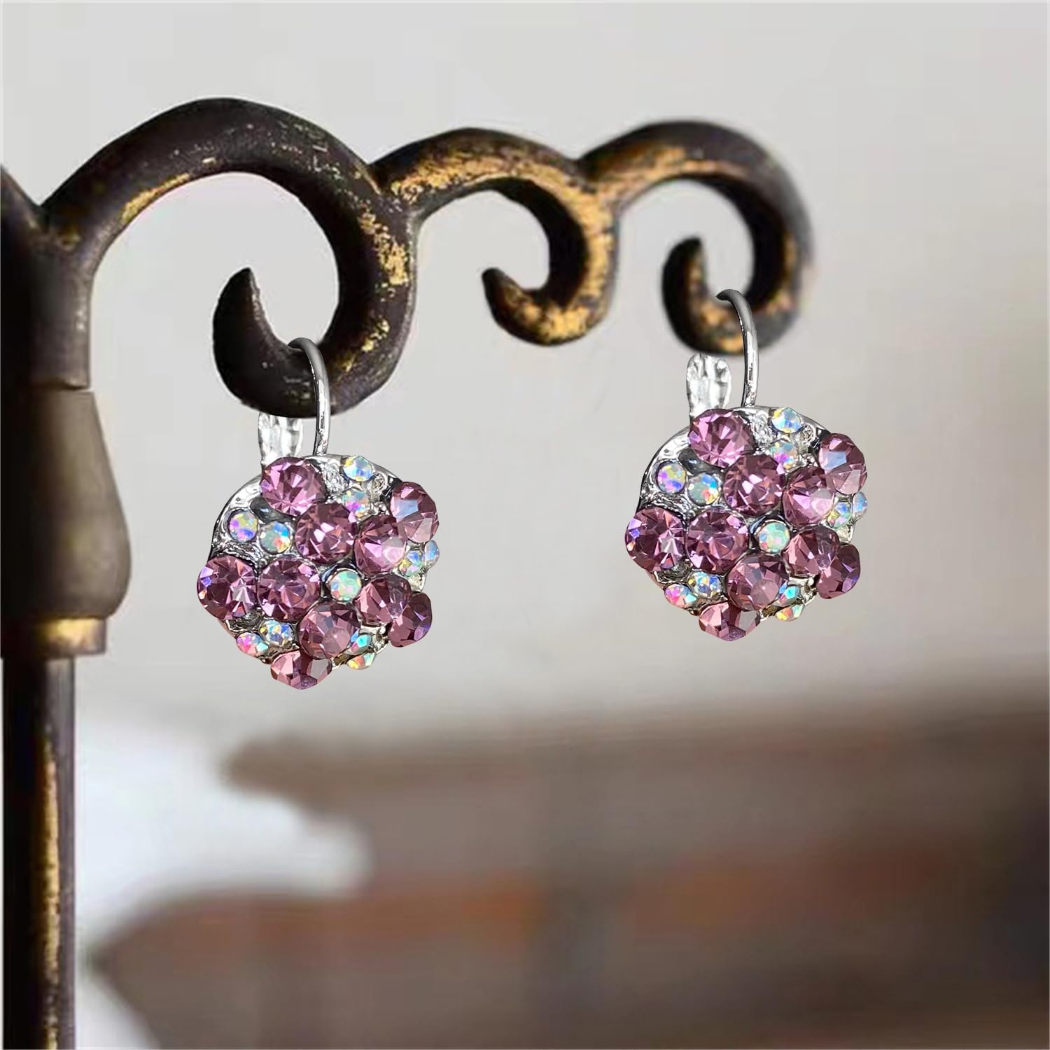 Unique Bohemian Vintage Sparkly Crystal Colorful Round Flower Leverback Earrings Boho Retro Bronze Circle Beaded Flower Floral Dangle Drop Earrings for Women - Image 7