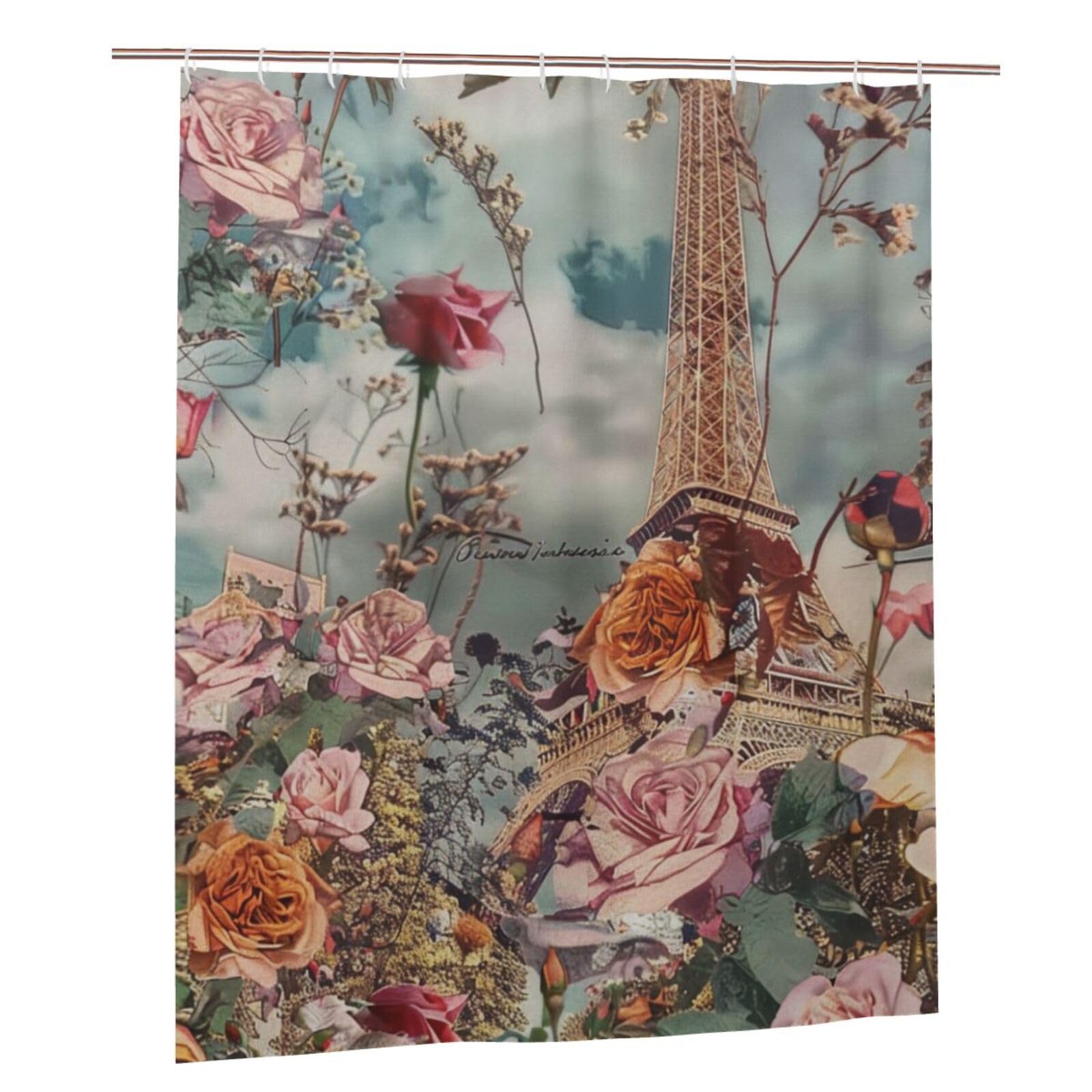 BWWHCCTI Flower Paris Eiffel Tower Printed Shower Curtain With 12 Plastic Hooks Opaque Quick Drying Waterproof Shower Curtains Sets For Bathroom 152x183 Cm