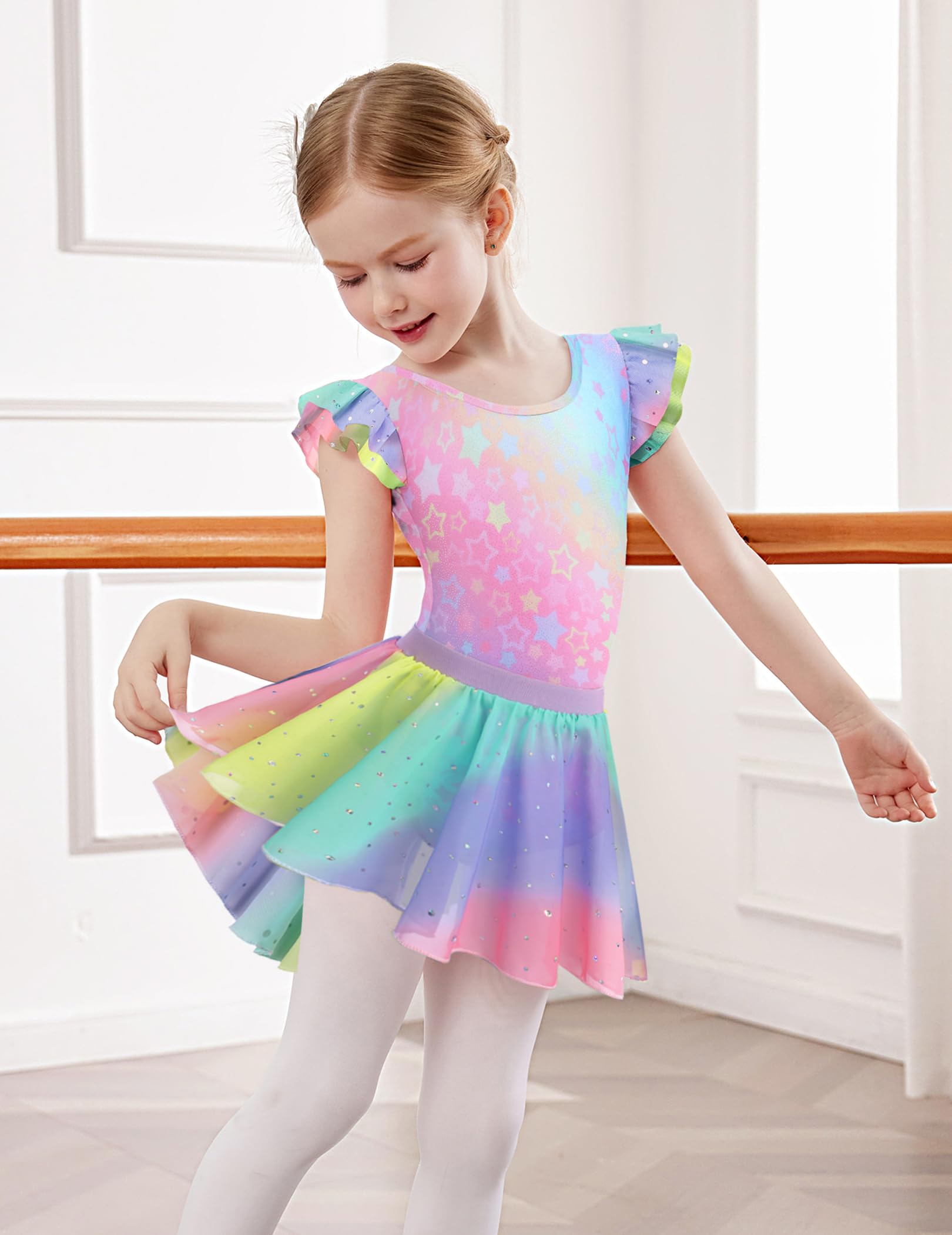 Arshiner Vestido Ballet para Niñas 2-9 Años Manga Corta Ropa Leotardo Algodón Vestido Baile con Purpurina para Niñas Traje Ballet Dos Piezas Cuerpo Baile con Tutú
