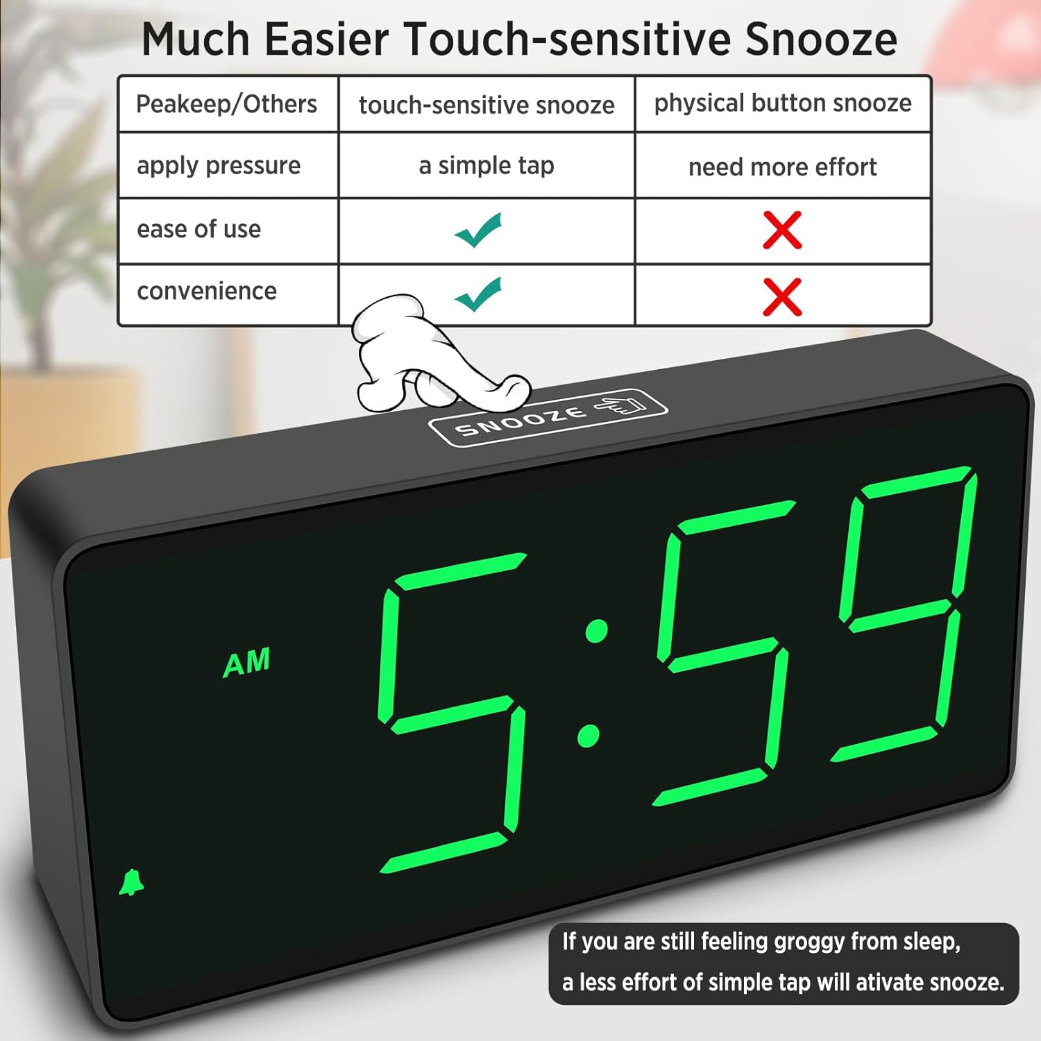 Peakeep Digital Clock with touch-sensitive snooze feature