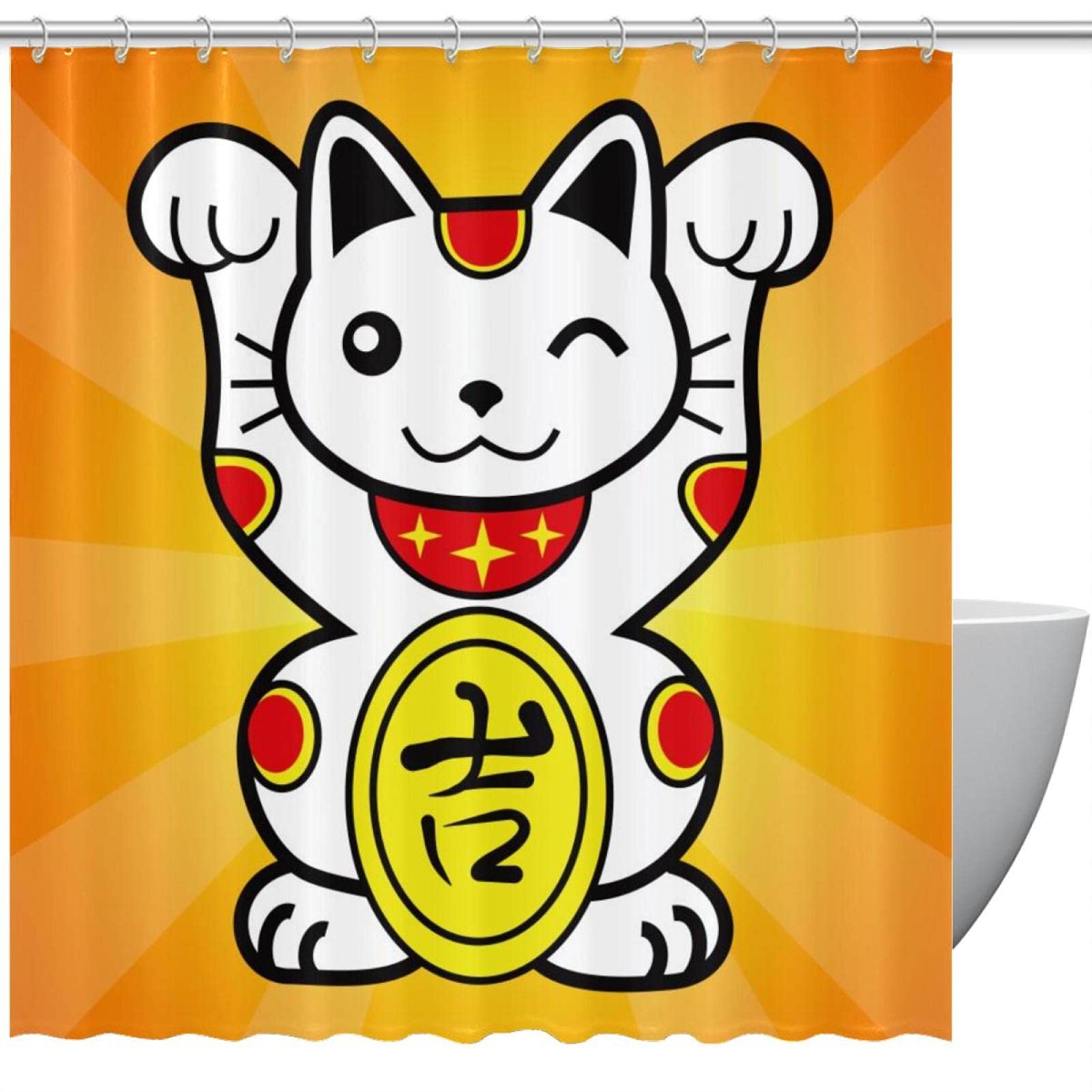 Rideau de douche imperméable lavable chat de la fortune jaune 152x184 cm accessoire salle de bain de qualité