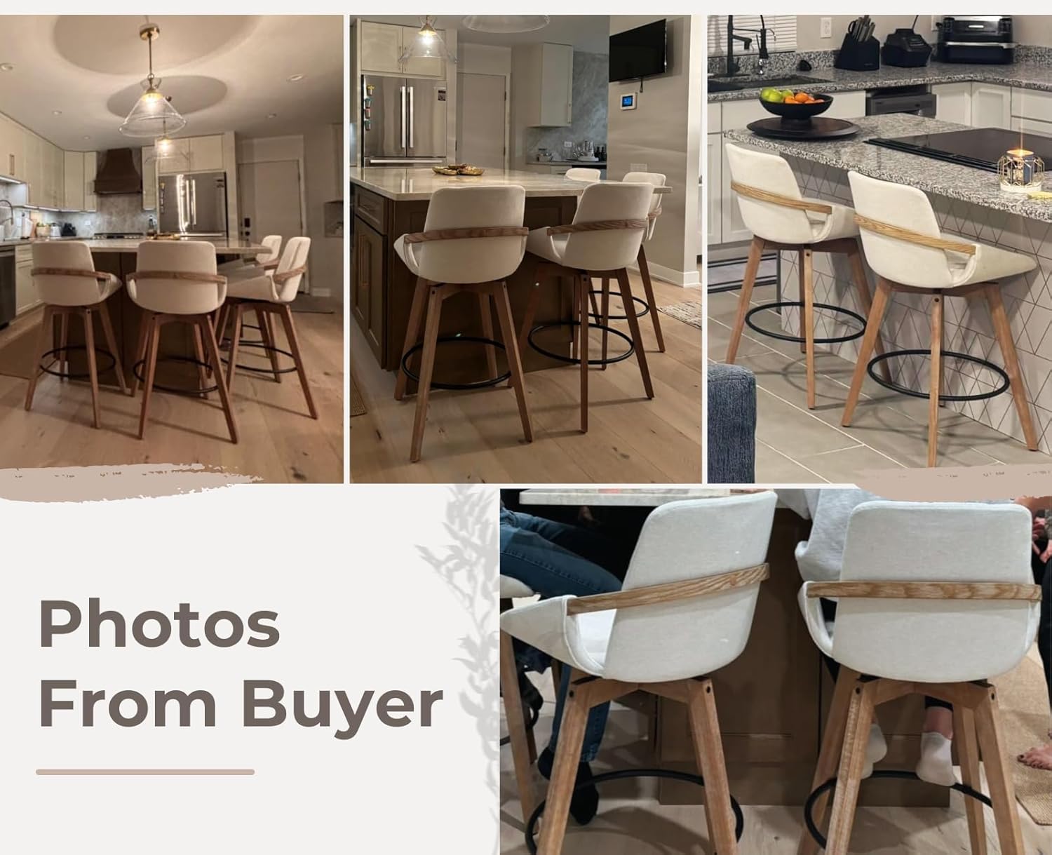 EALSON Swivel Counter Height Bar Stools Set of 4 Mid Century Modern Natural Wood Barstools with Back and Arms Comfortable Leather Upholstered Counter Stools Bar Chairs for Kitchen Island, Beige