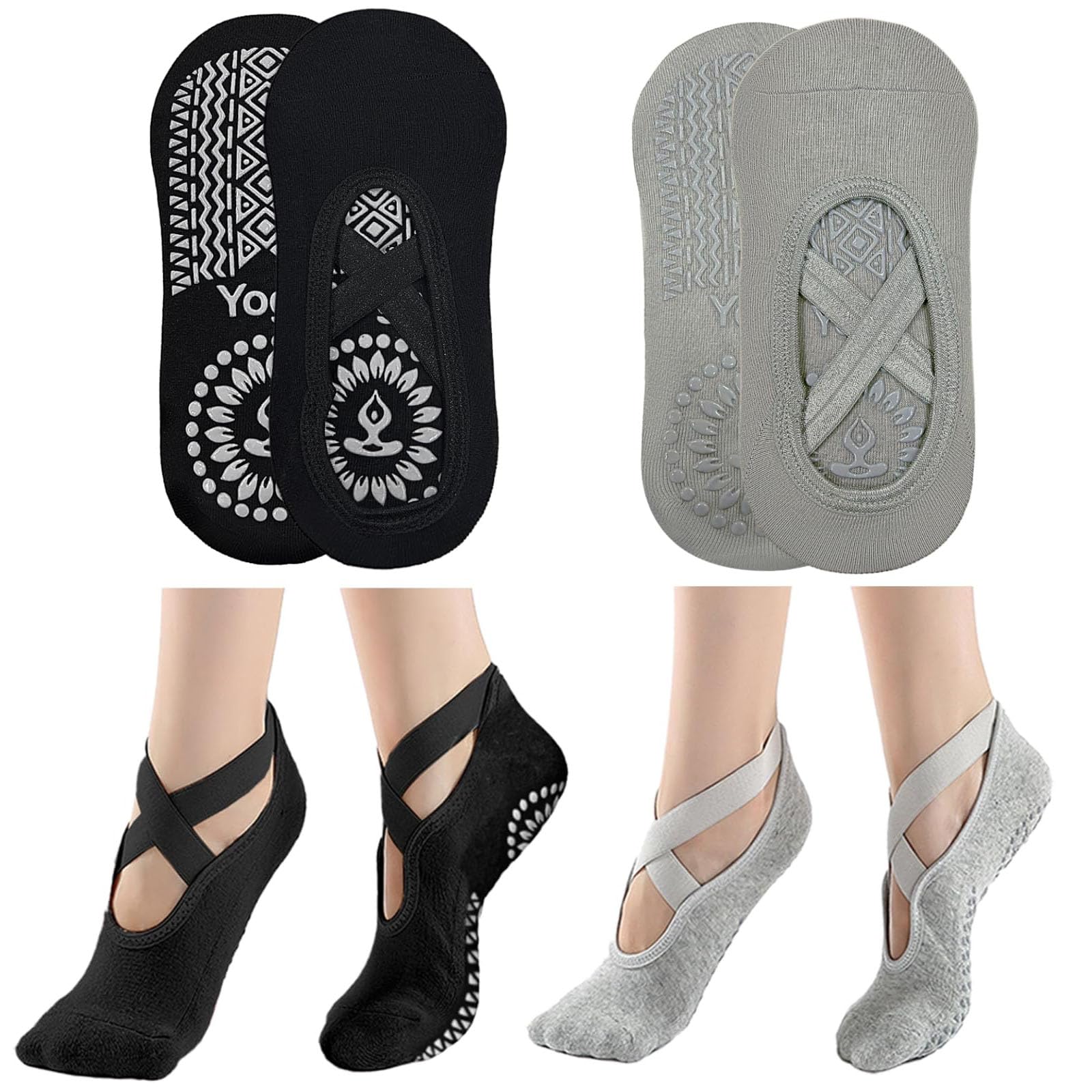 JOOTUEPO 2 Pairs Non-Slip Yoga Socks, Non Slip Socks Yoga Pilates for Women Girls, Trainer Sock Grippy Sock Anti-Slip Grips & Straps, Ideal for Pilates, Home Workout