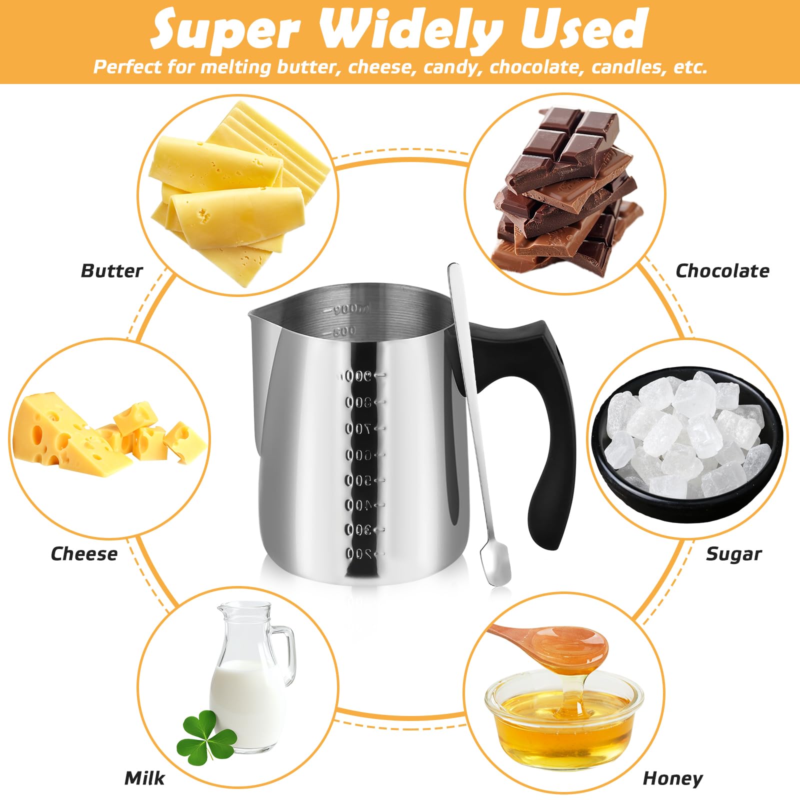 Bain Marie Inox Pot De Fusion VAIAV 900ml - Bain-Marie Pour Cire, Chocolat - Avec Graduation Et Cuillère DIY Bougie Savon