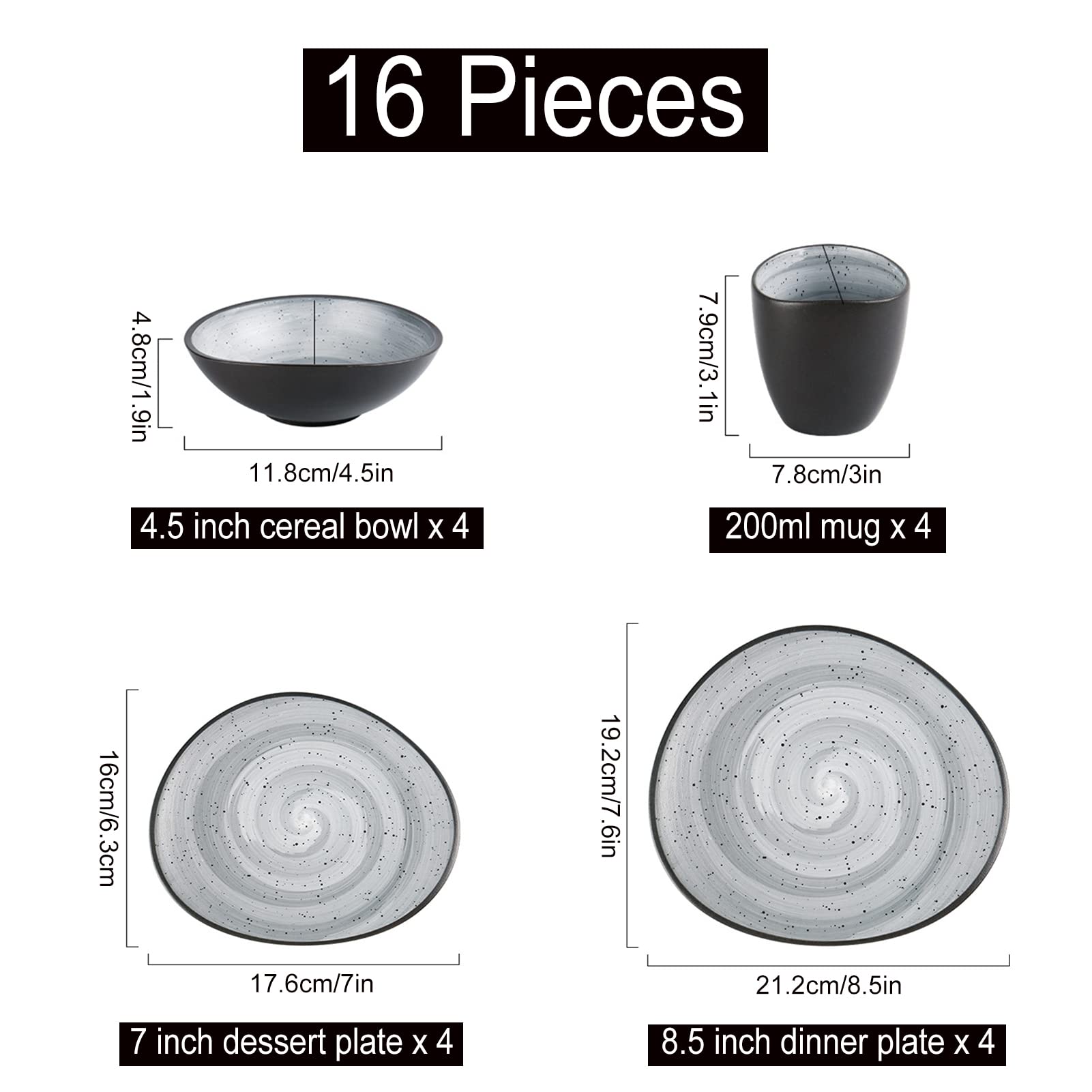 16-częściowy porcelanowy zestaw naczyń z nowoczesnej porcelany z talerzami, talerzami deserowymi, kubkami i miskami, kompletny zestaw naczyń dla 4 osób