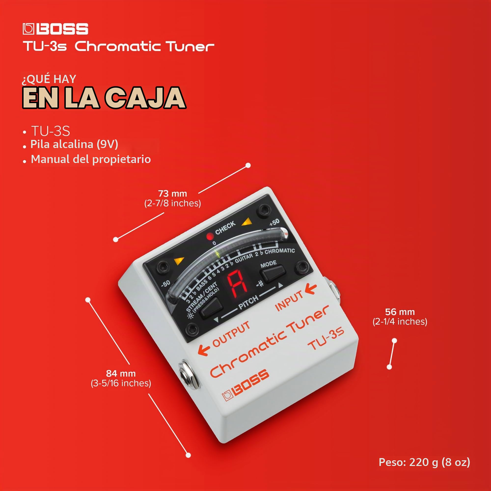 Afinador cromático compacto para pedalera BOSS TU-3S | Excelentes prestaciones en formato diminuto | Afinación de precisión para guitarra y bajo | Indicador LED de 21 segmentos