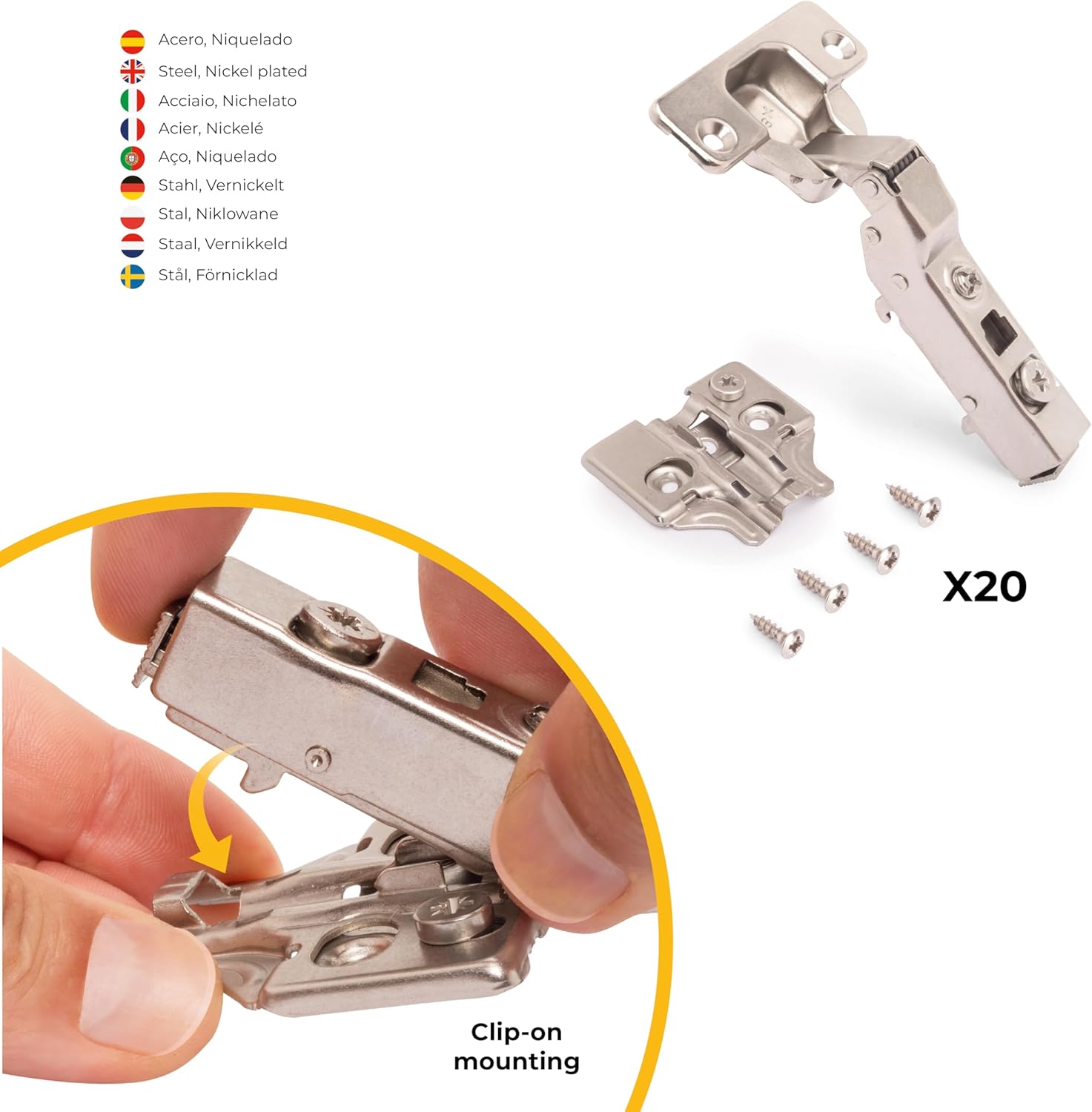 Emuca 1011407 Half-Overlay Soft-Close Concealed Hinge with Ø35mm Cup and 100° Opening Angle + Screw-on Plate with cam Adjustment, Set of 20 pcs