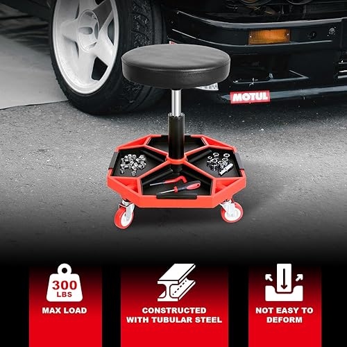 Miniatura 4 de Torin ATRXF8308B Taburete neumático mecánico/asiento de enredadera con altura ajustable y 4 bandejas de herramientas extraíbles, capacidad de 300