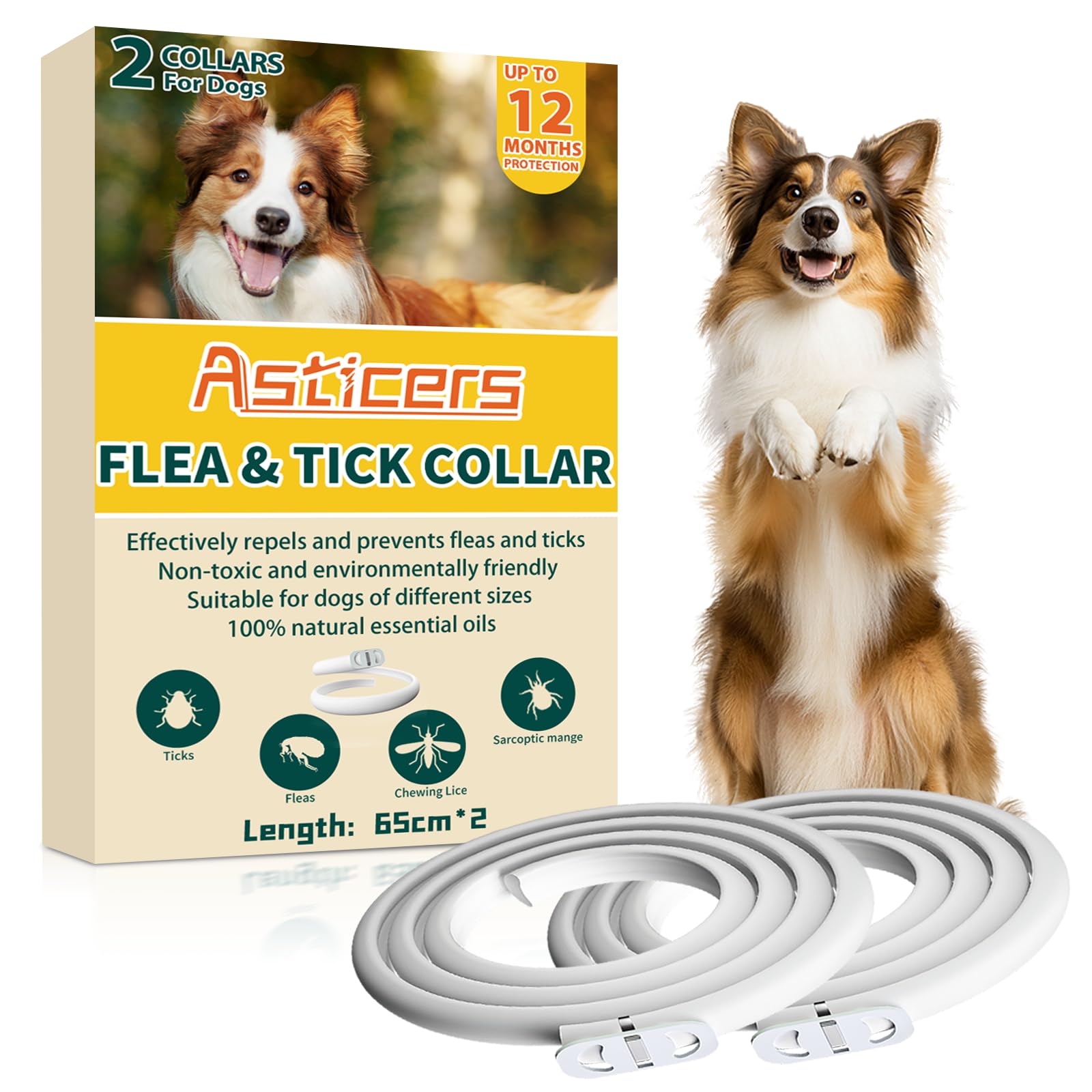 Collar Antiparasitario Perros, Seguro y Eficaz Collares Antiparasitos Perros, 12 Meses de Eficacia Collar Antipulgas Perros de 65 cm para Perros Pequeños, Medianos y Grandes (65cm*2)