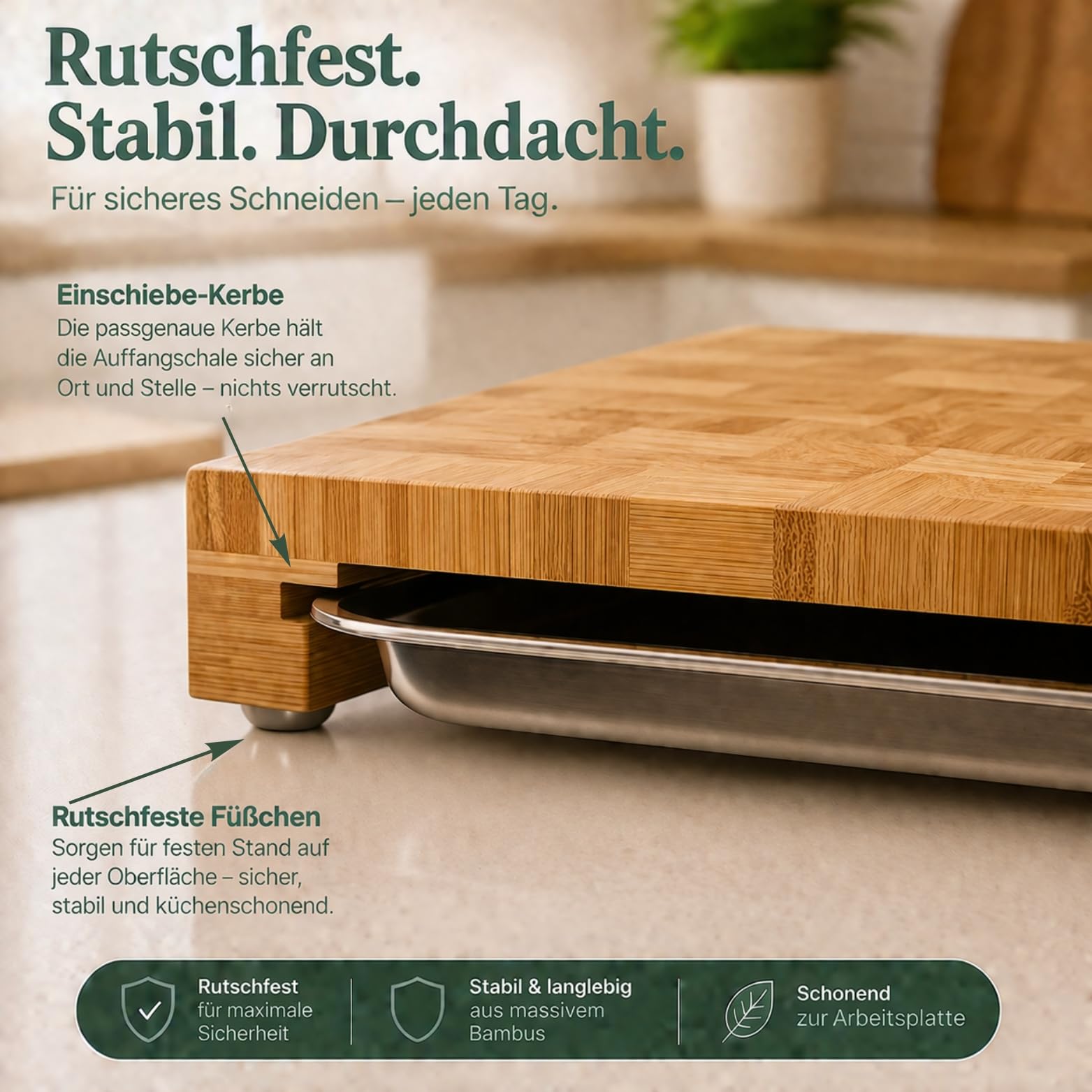 Schneidebrett Holz mit Auffangschale – Großes Premium Bambus Schneidbrett – Frankfurter Brett–(40x30x6cm) Holzbrett mit Auffangschale aus Edelstahl-Einweihungsgeschenk Haus/Wohnung
