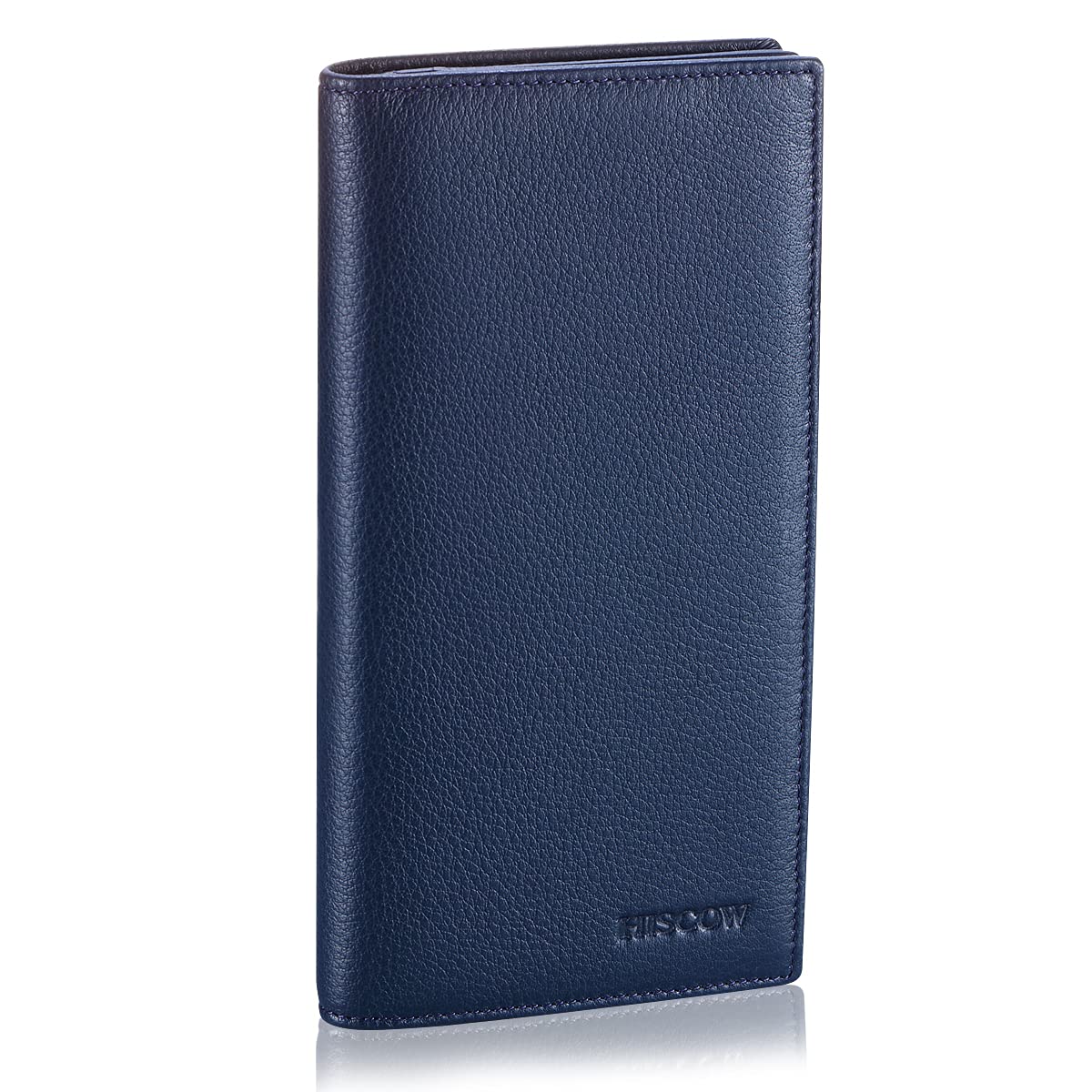HISCOW Bifold Long Wallet with 15 Credit Card Slots - Italian Calfskin (Pebbled Blue)