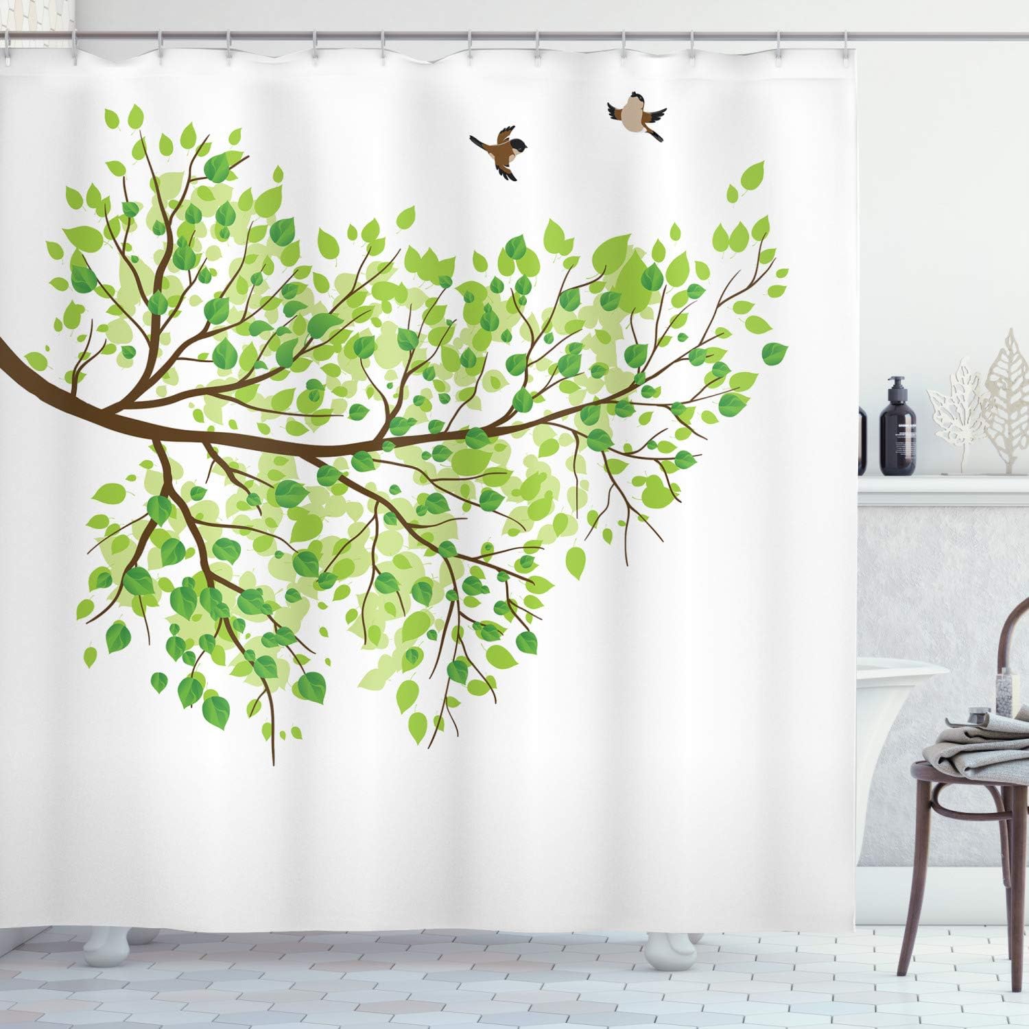 Ambesonne Hummingbird Shower Curtain, Spring Branch of Hummingbirds in Seasonal Vivid Colors Spring Freedom Nature Watercolor Look, Cloth Fabric Bathroom Set with Hooks, 69" W x 75" L, White Brown