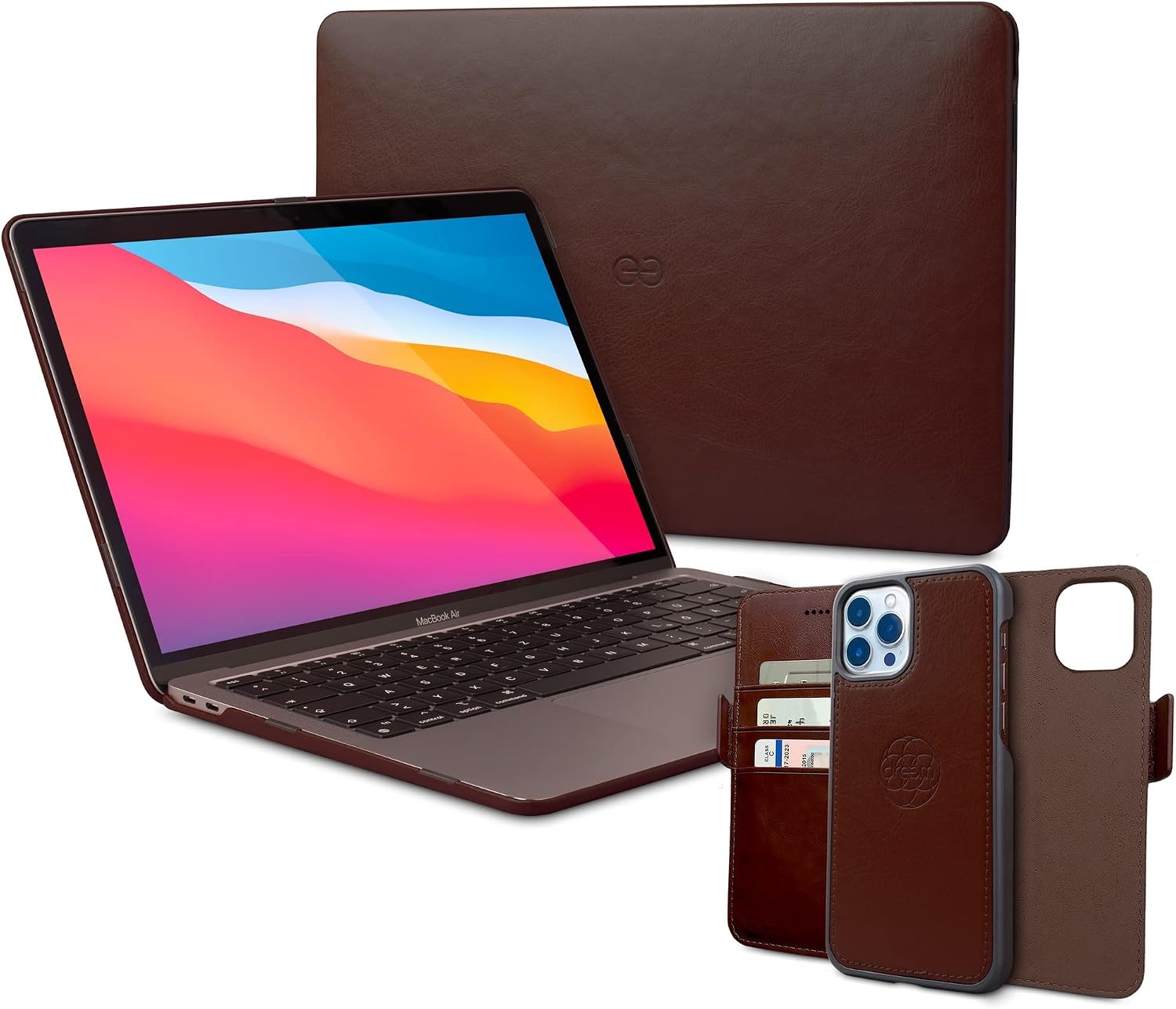 Dreem Bundle: Fibonacci Wallet-Case for iPhone 13 Pro Max with Euclid MacBook Air Case 13-Inch Hard Cover - Coffee