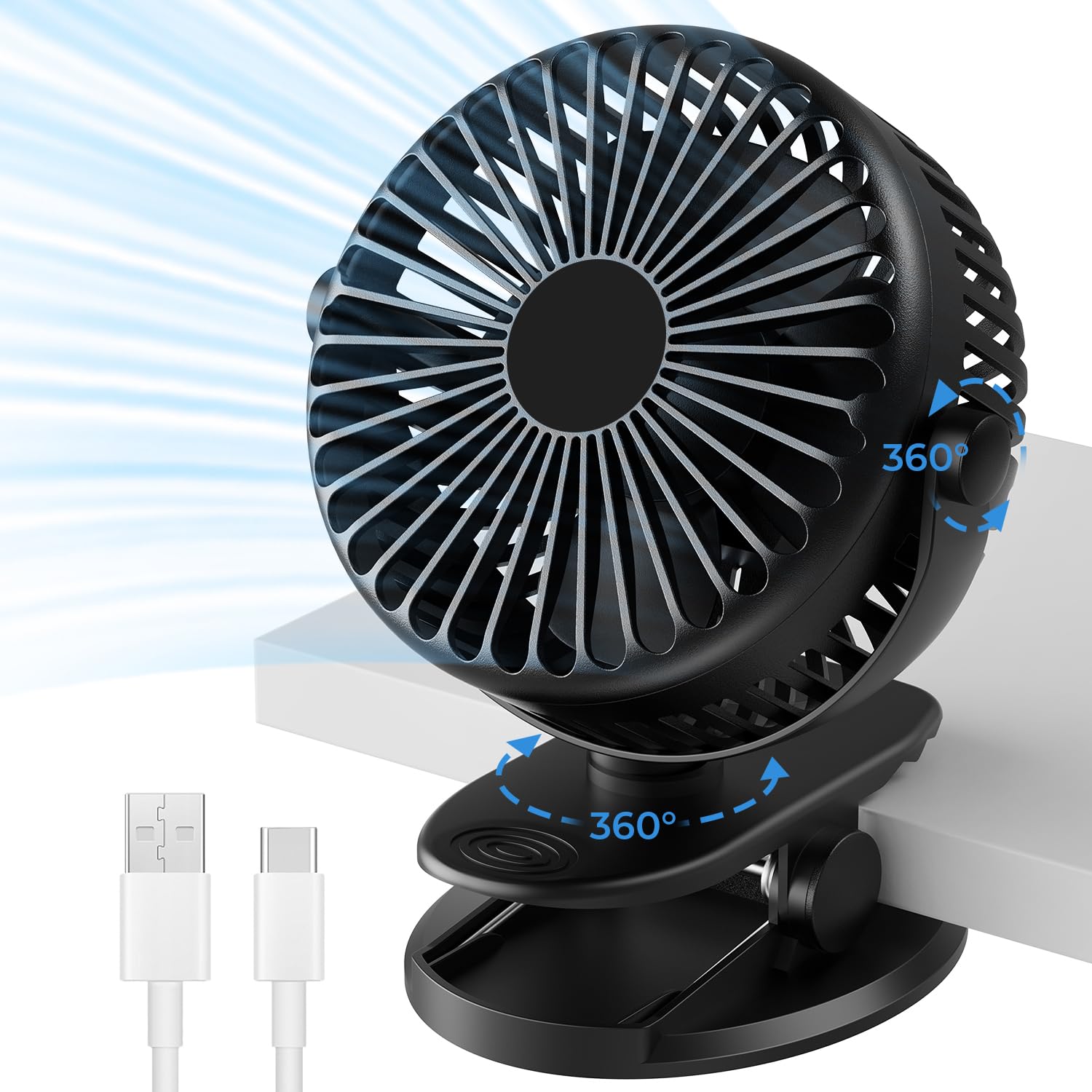 Gofady Clip Fan, USB Rechargeable, 360° Rotation 3 Speeds Desk Fan, Portable Stroller Table Fan, Quiet Battery Cooling Fan for Camping, Bed, Traveling, Pram, Office, Car (Black)