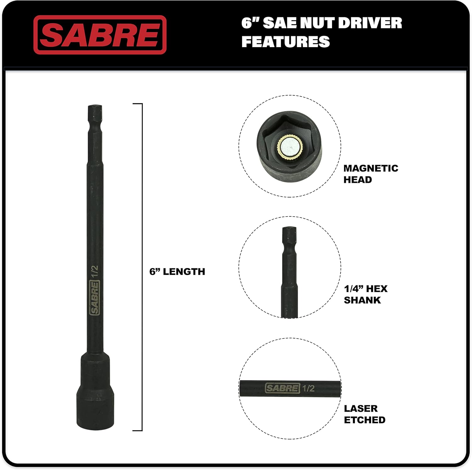 8 Piece SAE Impact Magnetic Nut Driver Set – 6 Inch Length, 1/4 Inch Hex Shank, Magnetic Socket Tip (8 Piece SAE Set)