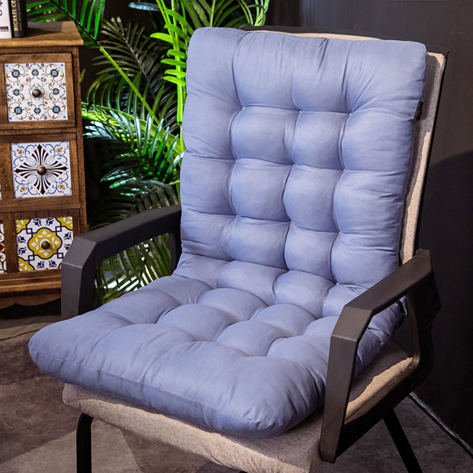Chair Cushion with Straps and Backrest, Armchair Cushion Seat Cushion Pad, Garden Chair Cushion High Back with Soft Filling, Seat Cushion Upholstery for Garden Chair,Blue,35 * 70cm