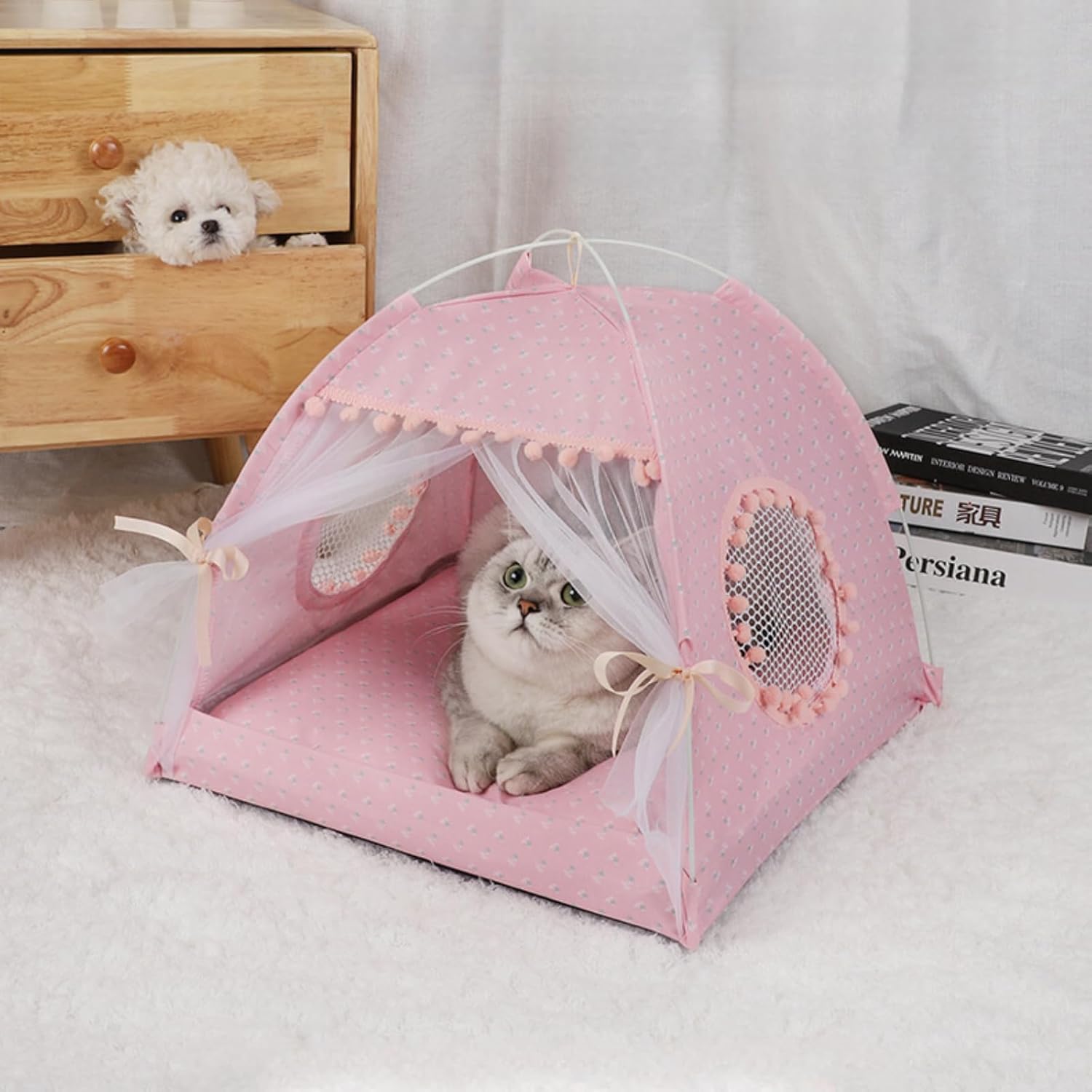 Cute Cat Tent Decorative Outdoor/Indoor Floral Cats Cave Bed Portable for Indoor Cats and Small Dogs with Soft Cool Mat Outside Summer Cat House Large 20x20x18 in (Blue)