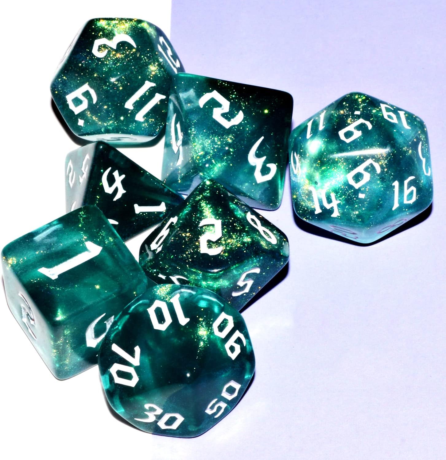 Galaxy Dice Set| Dark Green Mix Cyan Crystal DND Dice Set for Board Game