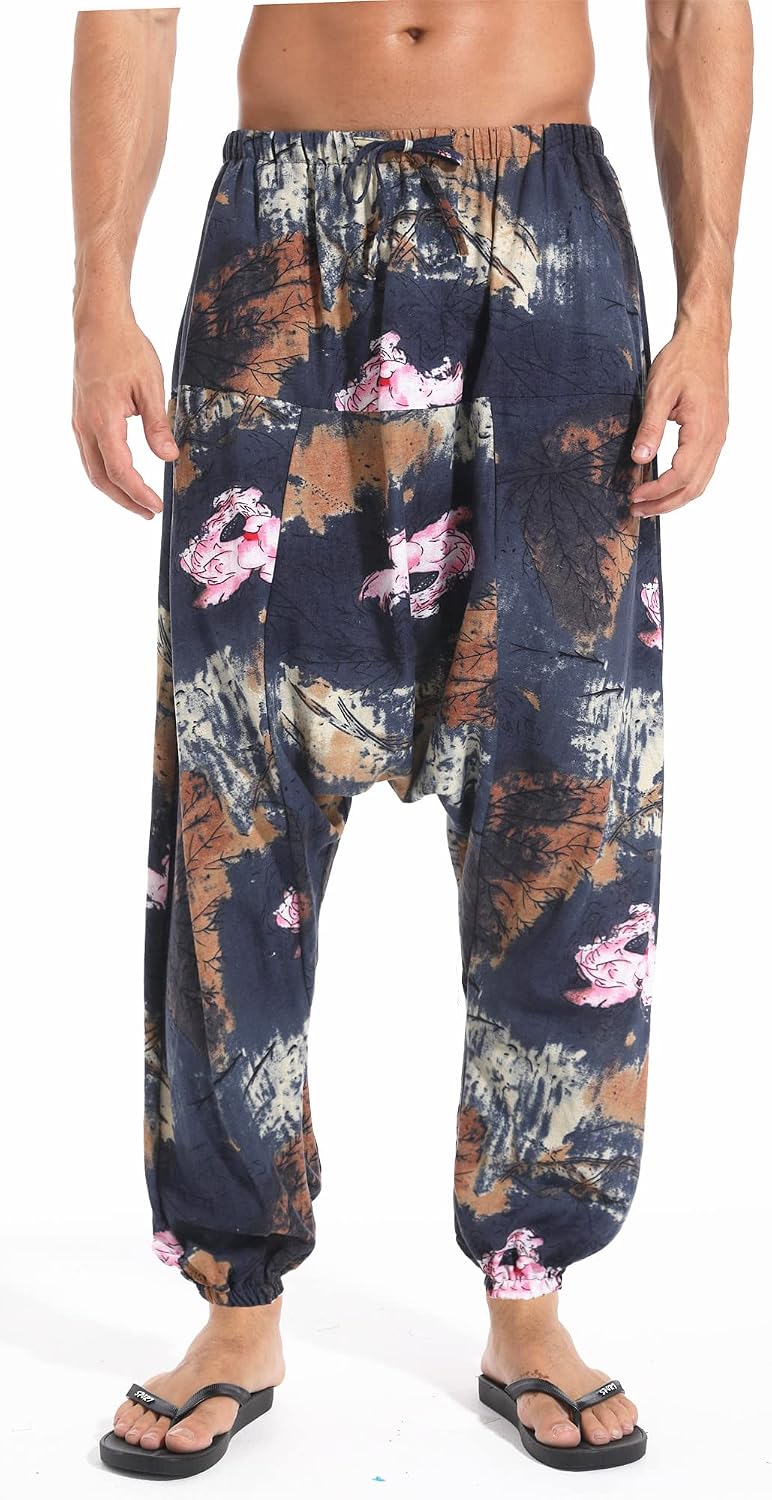 AITFINEISM Men's Drawstring Aladdin Hippie Harem Pants Loose Drop Crotch Trousers
