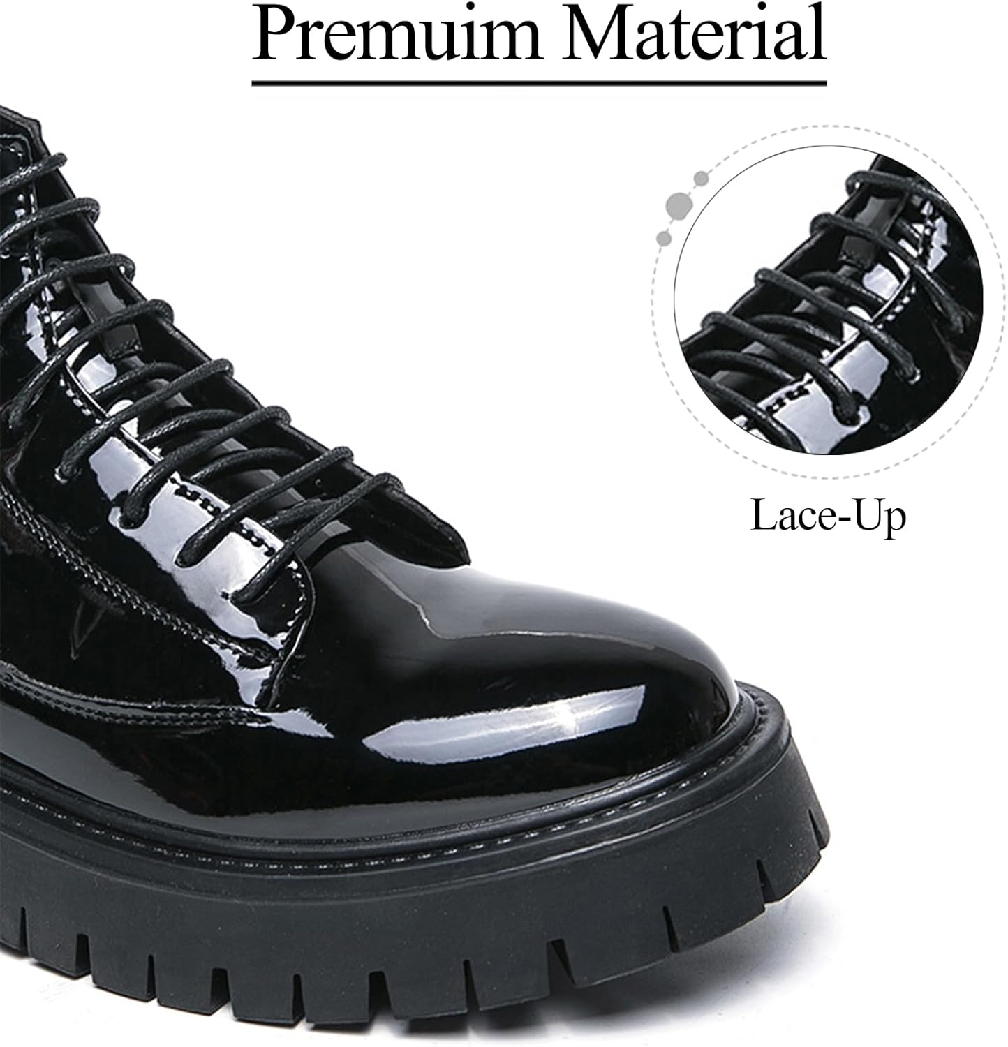 Black Short Boots For Men Platform Patent Leather Side-Zip Combat Ankle Boots Comfy Lace-Up Round Toe Non-Slip Army Uniform Short Boots - Image 4