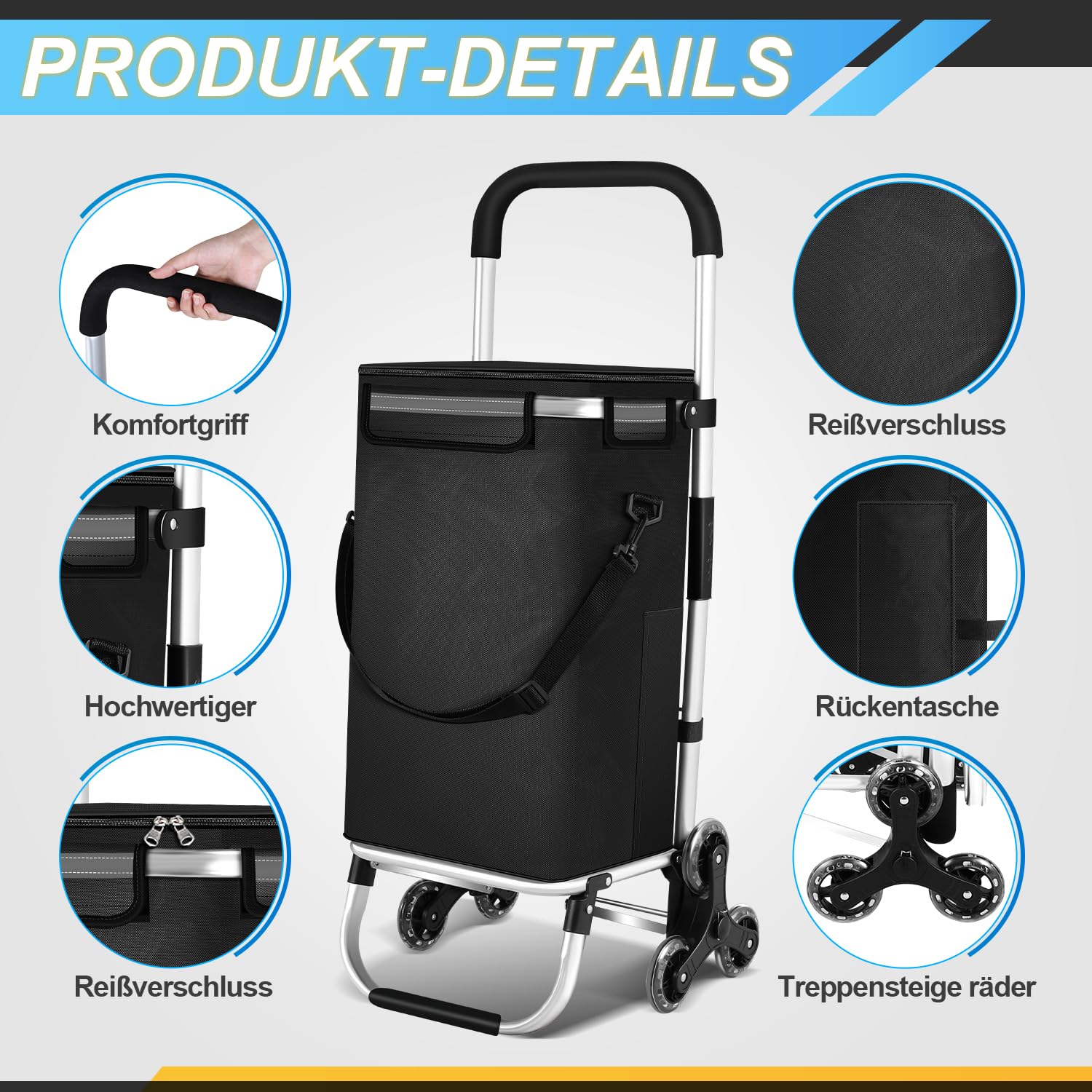 Einkaufstrolley Klappbar 40 Liter Einkaufswagen mit Kühlfach Einkaufstrolley Treppensteiger, Abnehmbare Tasche Schwarz Trolley Faltbarer Einkaufsroller Einkaufsrollwagen