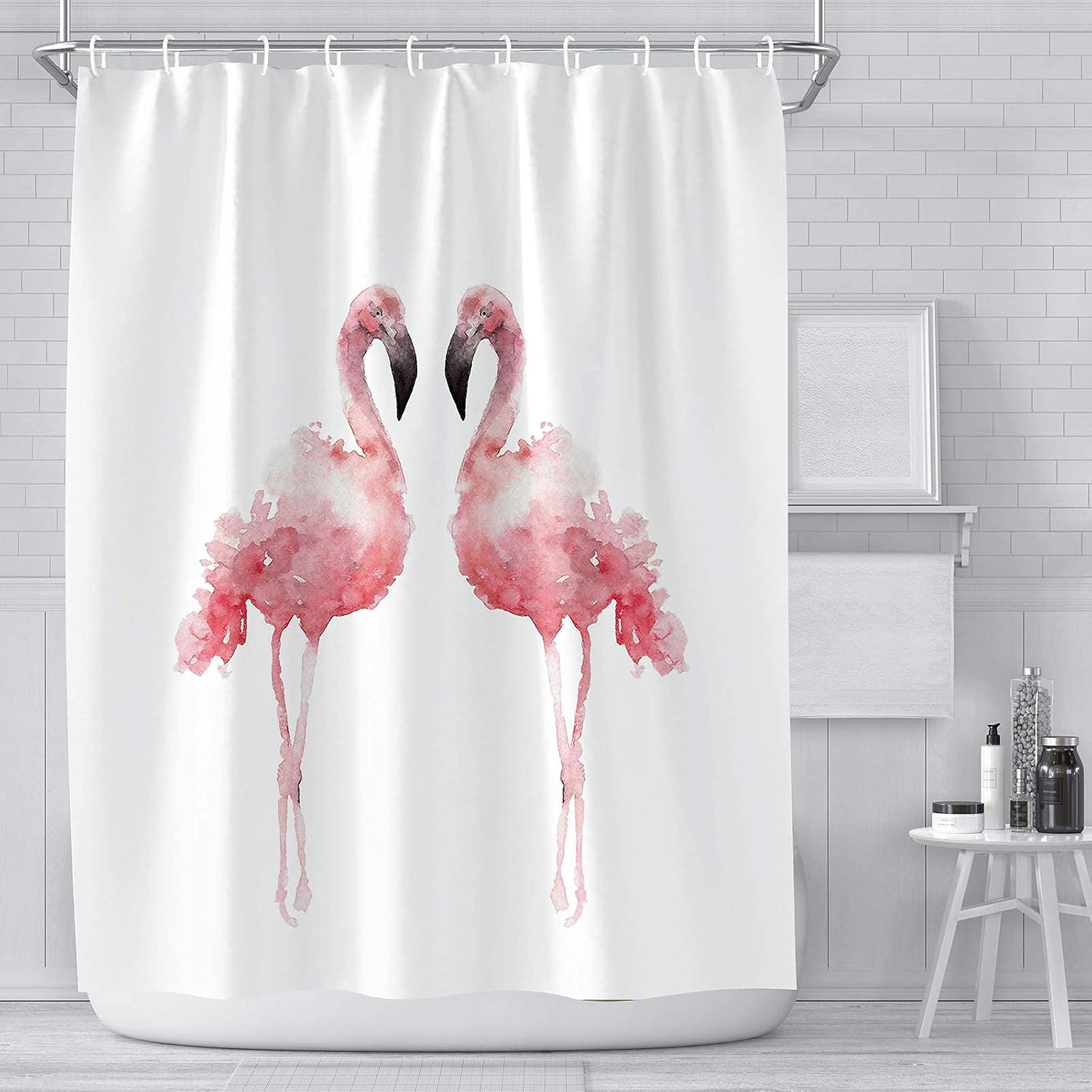 R&Y Bath Shower Curtain Pattern, Flamingo Shower Curtain in Polyester Polyester, for Children, Home, Farmhouse, Bathroom, Decorative Shower Curtain with 12 Hooks, 72x72 Inches in White and Pink.