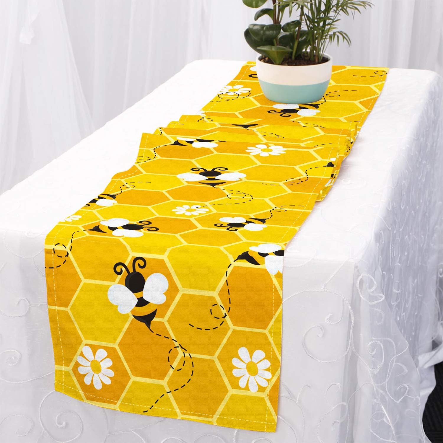 Bumble  Bee  Table Runner, Honeycomb Beehive Yellow Table Setting Dresser Scarves, Spring Summer Table Fabric  Decor  for Restaurant Kitchen Dining Banquet Party Events