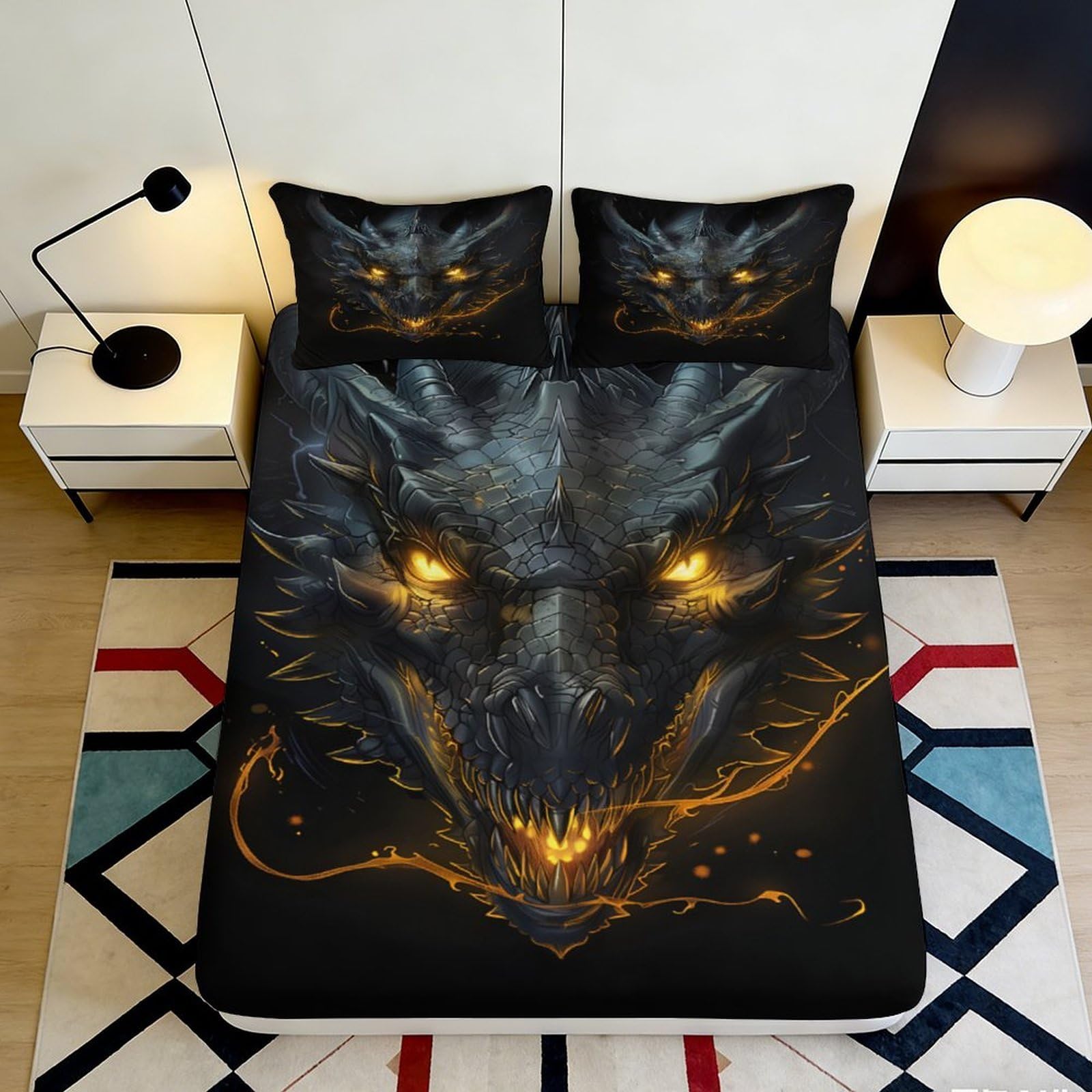 3D Printed Dark Dragon Fitted Sheet Microfiber Soft Black Gold Fire Mattress Cover for Bedroom Dorm Decor 180x200x25cm