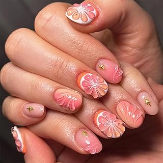 24pcs Fruit Press on Nails Short Oval Fake Nails with 3D Grapefruit Gold Star Designs Summer Fall False Nails Kit Cute Full Cover Stick on Nails for Women DIY Nail Decoration