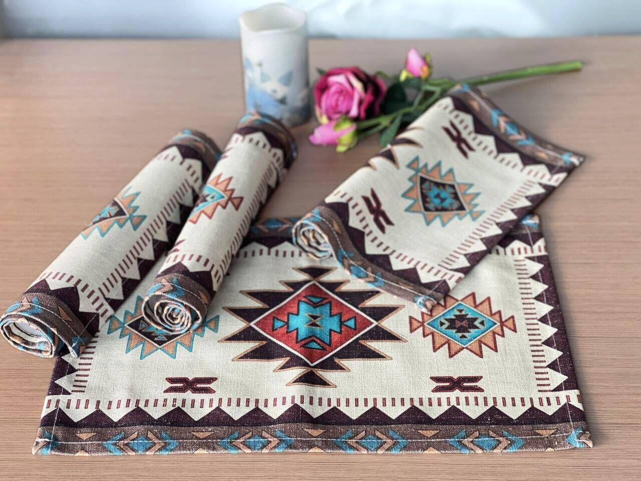 Set of 4 Placemats Southwest Geometric Rectangle 18 X 13 Inch Table Setting Decor for Garden Farmhouse Wedding Party Holiday Dinner Home Decoration Everyday Cotton Linen