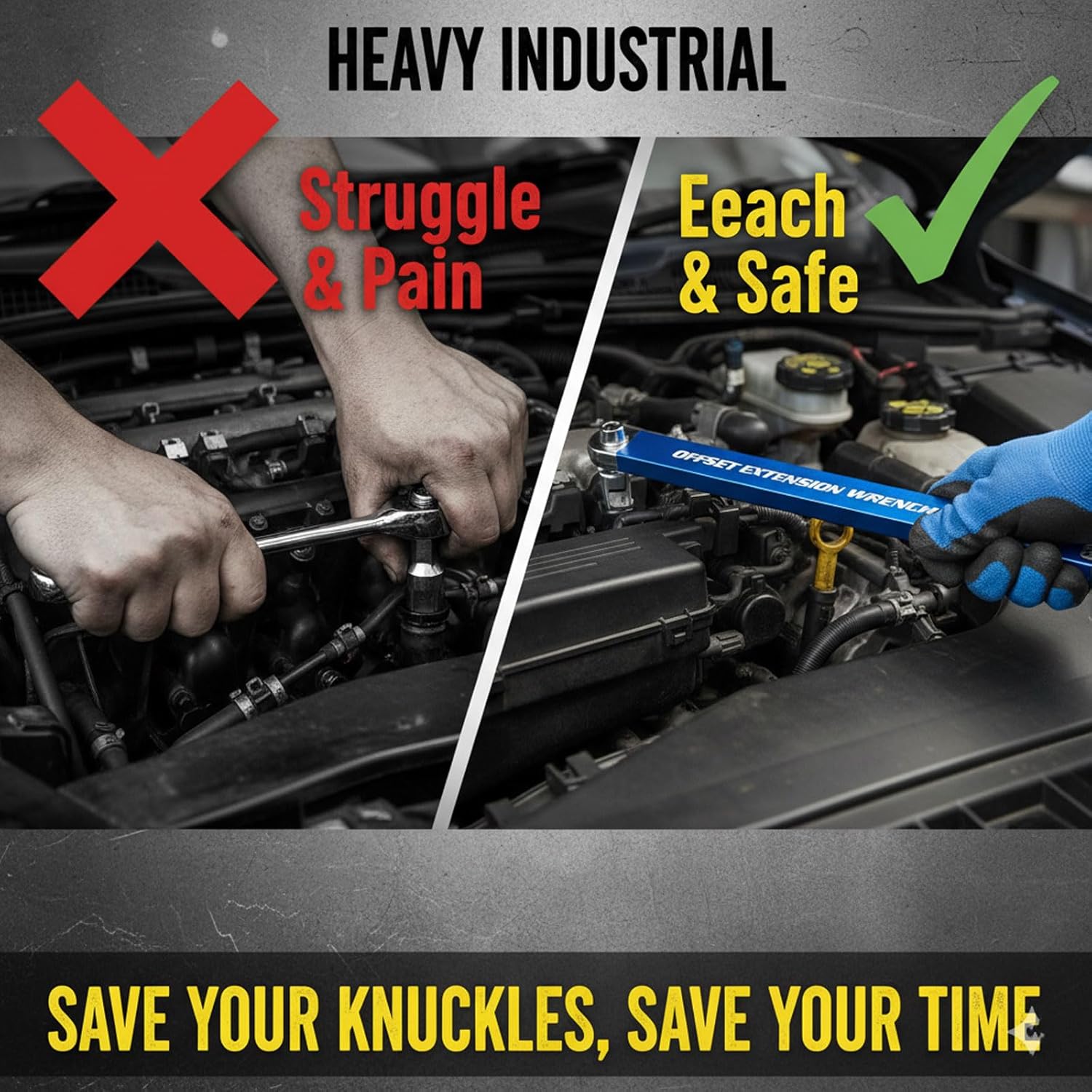 Pro - Offset Extension Wrench Set, 15-Inch Impact Ready Tight Reach Wrench with Chain Drive Technology, 1/4", 3/8" & 1/2" Square Drive Adapters, High Torque Mechanics Tool for Tight Spaces (2pcs)