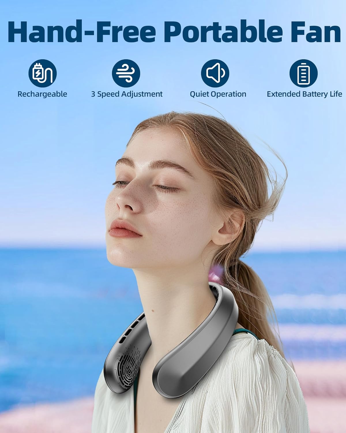 Neck Fan Rechargeable, Portable Fan with 5200mAh Battery Operated, Personal Fan with 3 Wind Speeds, Fast Cooling, Ultra Quiet, Bladeless, Headphone Design for Travel