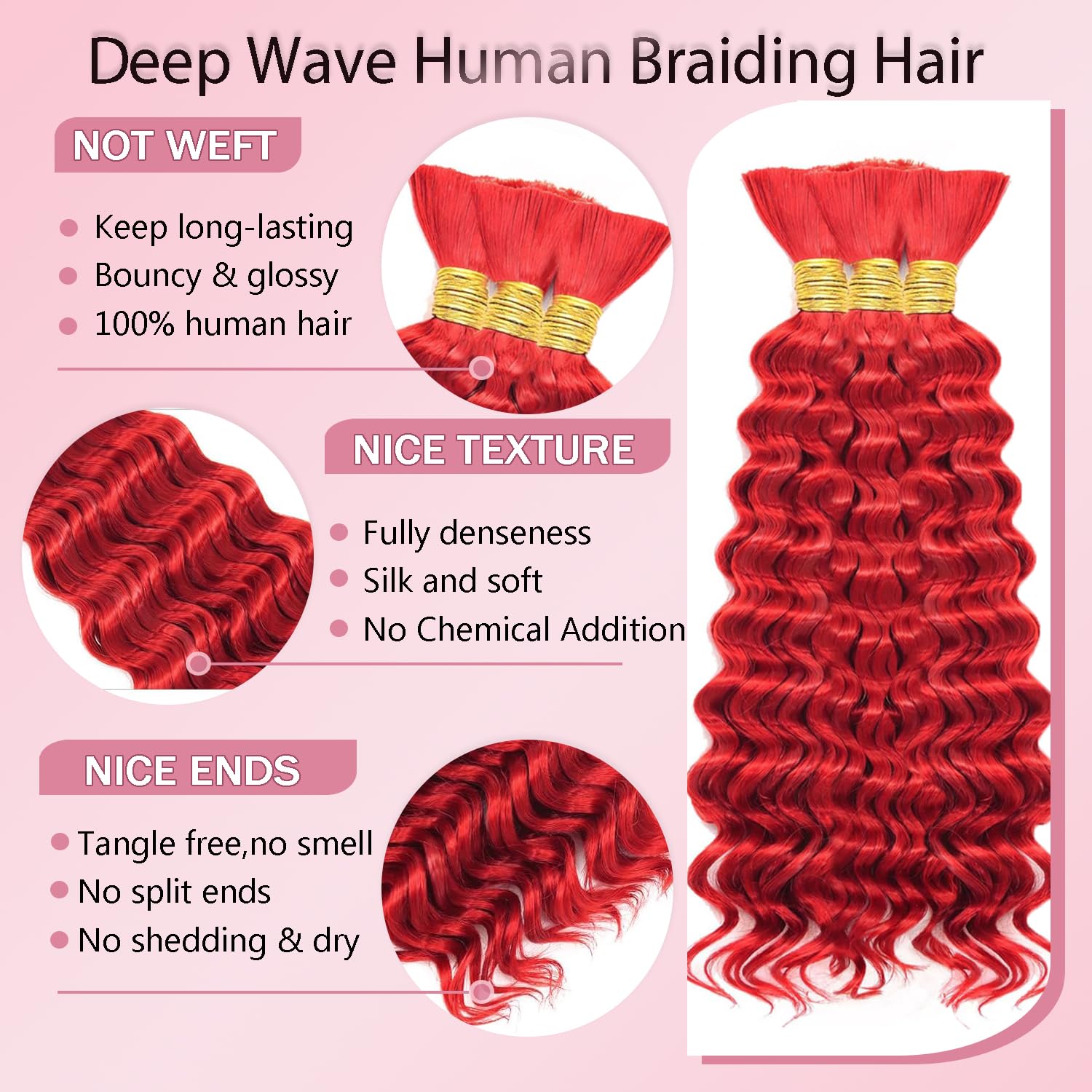 Red Boho Hair for Braiding Bright Red Deep Wave Boho Braids Human Braiding Hair 14 14 14 inch 150g No Weft Deep Culy 3 Bundles for Knotless Braids
