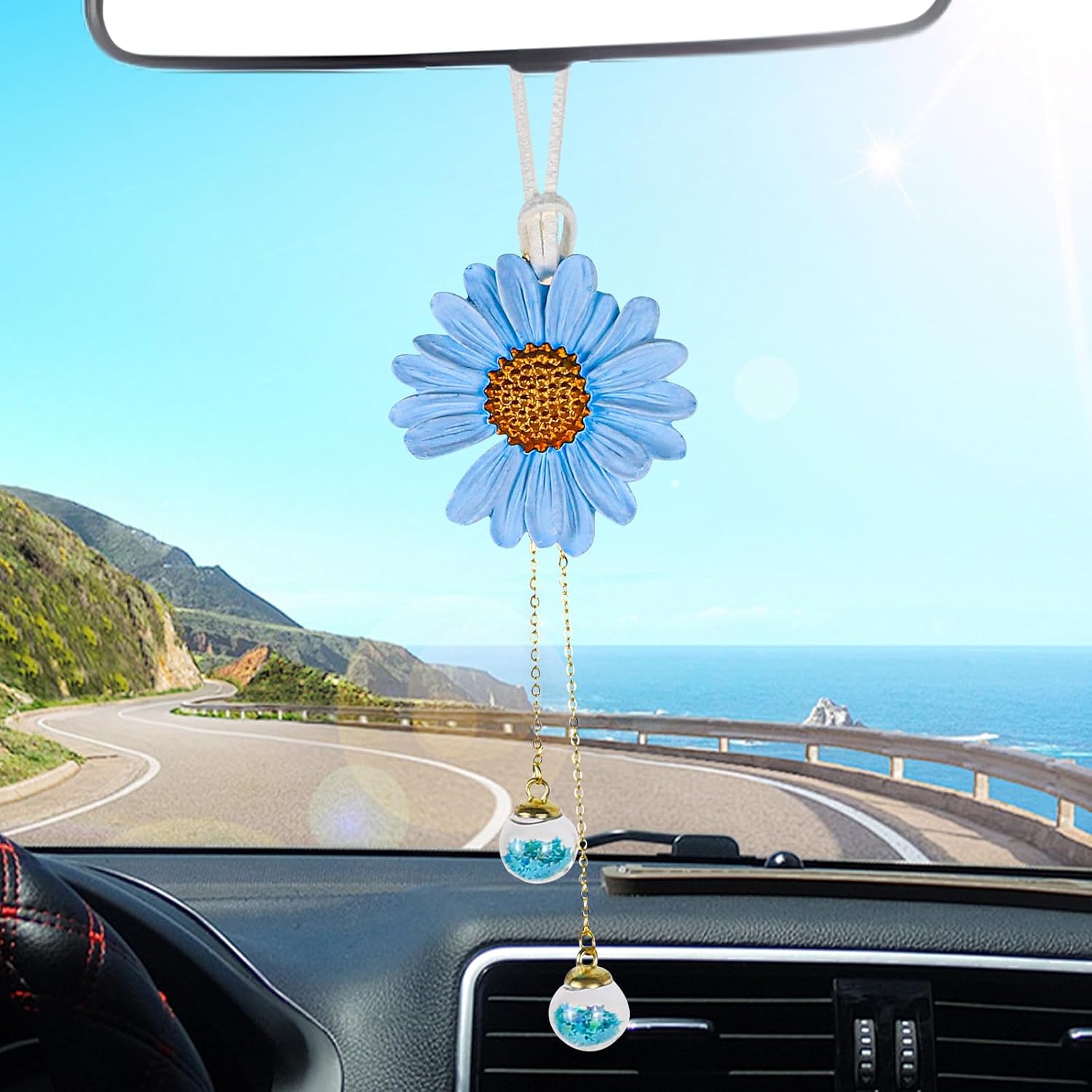 Hovom Daisy Hanging Ornament for Rear View Mirror, Cute Daisy Flower Car Hanging Charms for Women Girls, Handmade Sunflower Auto Interior Pendant Decoration Aesthetic Gift, Car Accessories (Blue)