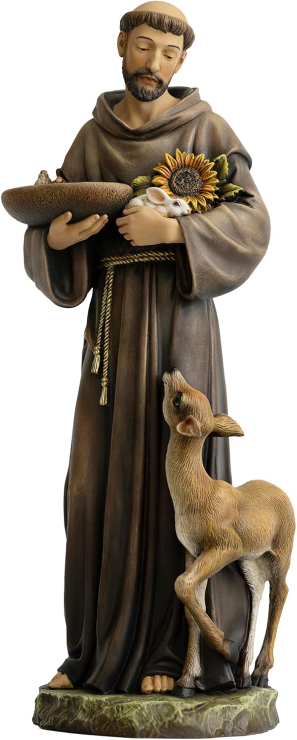 St Francis of Assisi Statue Outdoor, 22.5 Inches St Francis Bird Bath Sculpture, Hand Painted St. Francis with Animals Garden Statue for Home Yard Patio Lawn Hallway Decor (Stone)