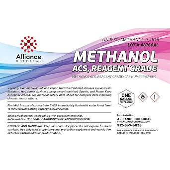 Methanol ACS Reagent Grade - 4 Quarts (1 Gallon) Industrial Solvent, Fuel, Antifreeze Made in America Alliance Chemical