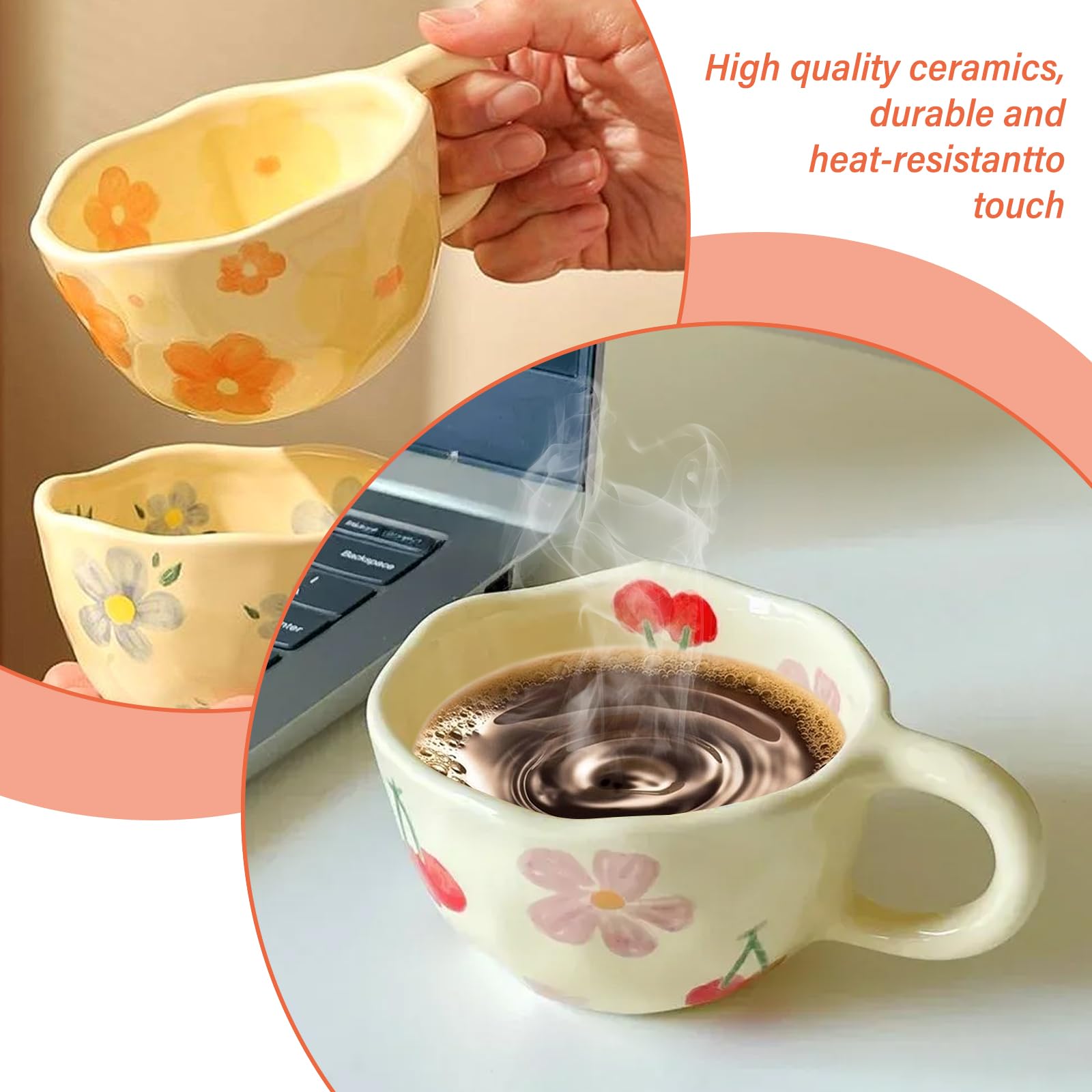 PORFOYO Set di 4 tazze in ceramica: 4 pezzi di tazza da tè in ceramica fatta a mano con fiore, tazza da caffè creativa estetica regalo di latte, tazze irregolari per la casa e l'ufficio (stampato)