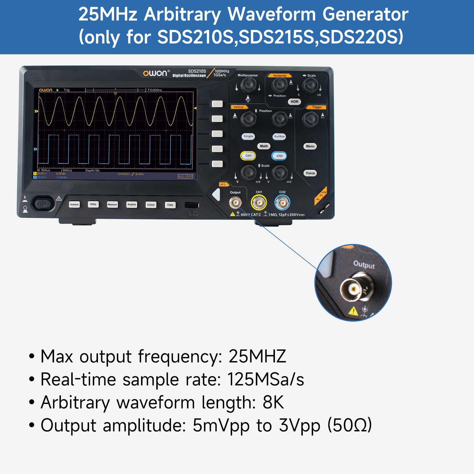 Owon SDS210S 25MHz Arbitrary Waveform Generator 100Mhz, 2CH 1GS/s, 20M Dual-Channel Digital Oszilloskop