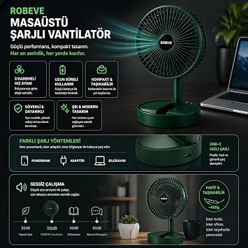 ROBEVE Masaüstü Şarjlı Vantilatör Katlanabilir Taşınabilir Fan – 3 Kademeli Hız, USB Şarjlı, Uzun Pil Ömrü, Sessiz Çalışma, Ofis Ev Seyahat İçin Mini Fan - Taşınabilir Vantilatör