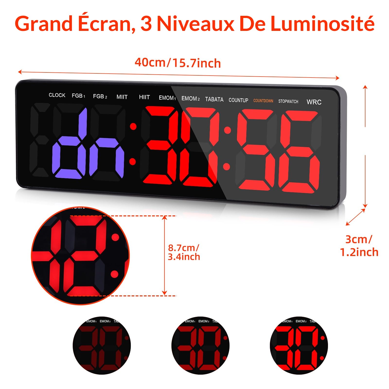 Timer Sport Fitness Grande Ecran Minuteur Mural Télécommande pour Intervalles Boxe Tabata EMOM HIIT