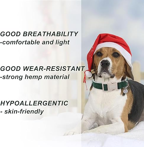 Miniatura 4 de DOGWONG Collar de algodón de cáñamo para perro, collar verde de Navidad resistente, duradero, suave, de tela natural, collar para perros pequeños,