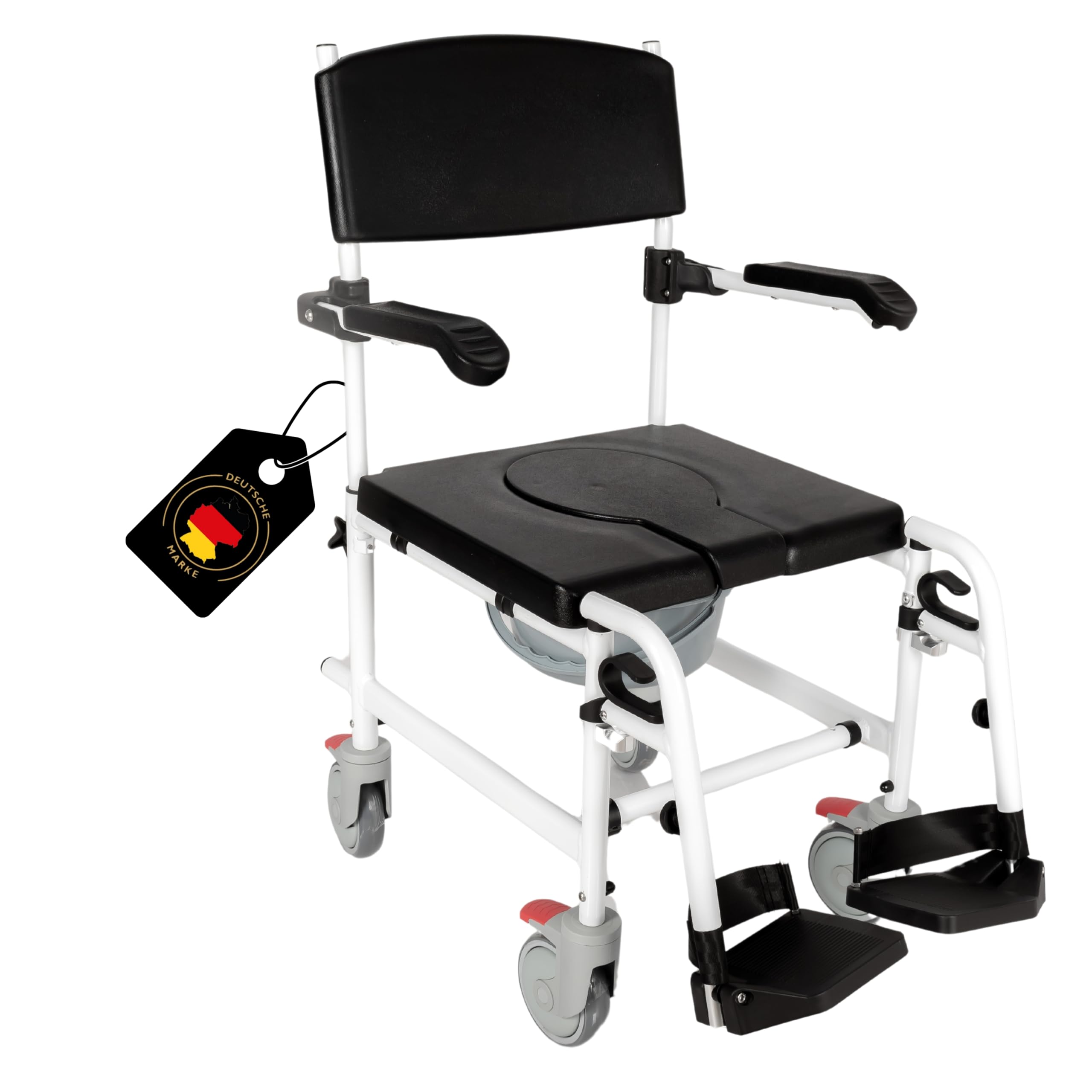 Akriva fahrbarer Toilettenstuhl aus Aluminium - Mobiler Nachtstuhl mit gepolsterter Sitzfläche und Eimer - Toilettenrollstuhl - Zimmerrollstuhl (Feste Sitzhöhe)
