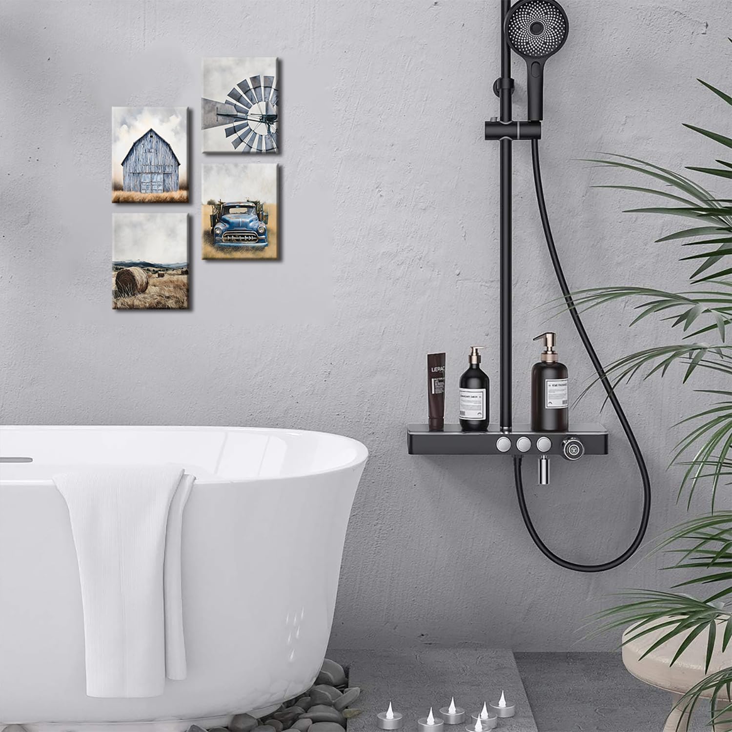 4 Set Framed Rustic Farmhouse Wall Art, Vintage Windmill, Classic Blue Truck, Hay Bale Field, Blue Barn Canvas Prints, Western Country Home Decor 8x10 Inch