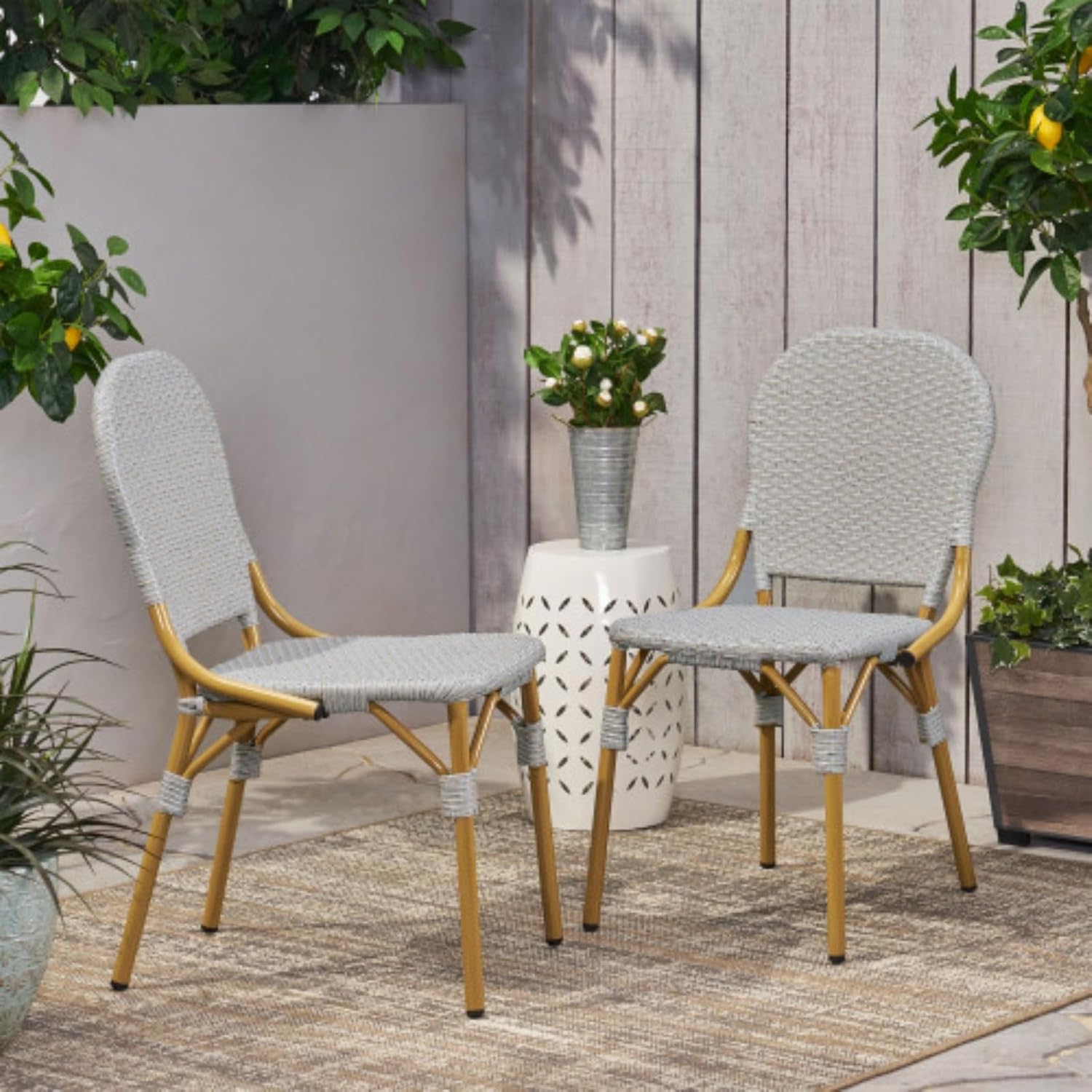 Outdoor PE Rattan French Bistro Chairs Set of 2, Aluminum Armless Bamboo Finish Patio Chairs for Porch Backyard Balcony, Gray